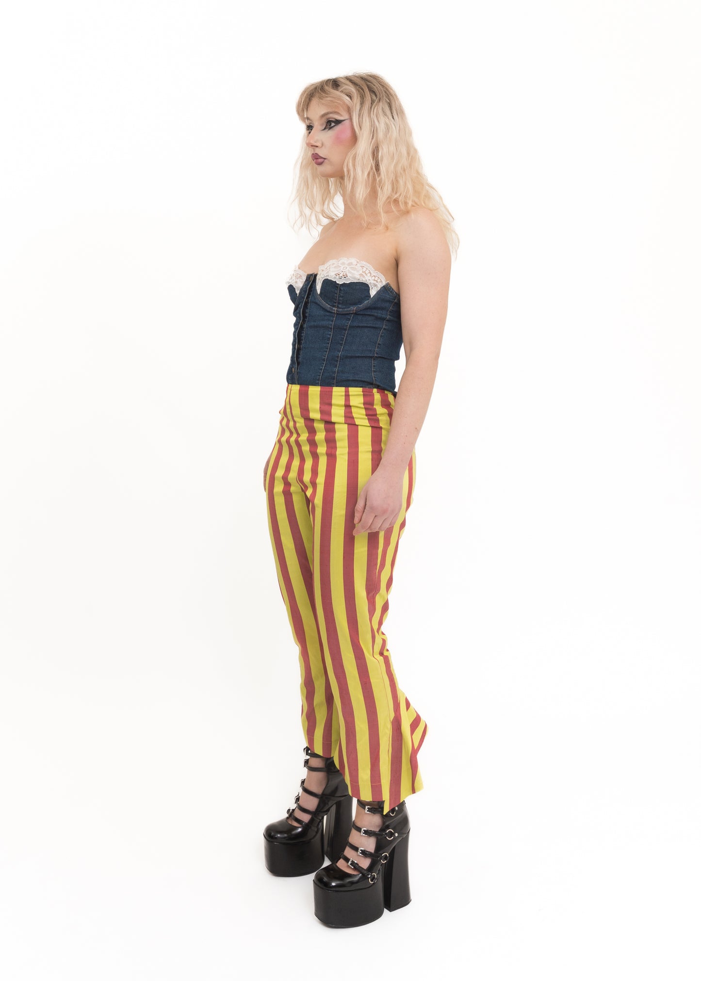 Striped silk dupion ruffle hem pants