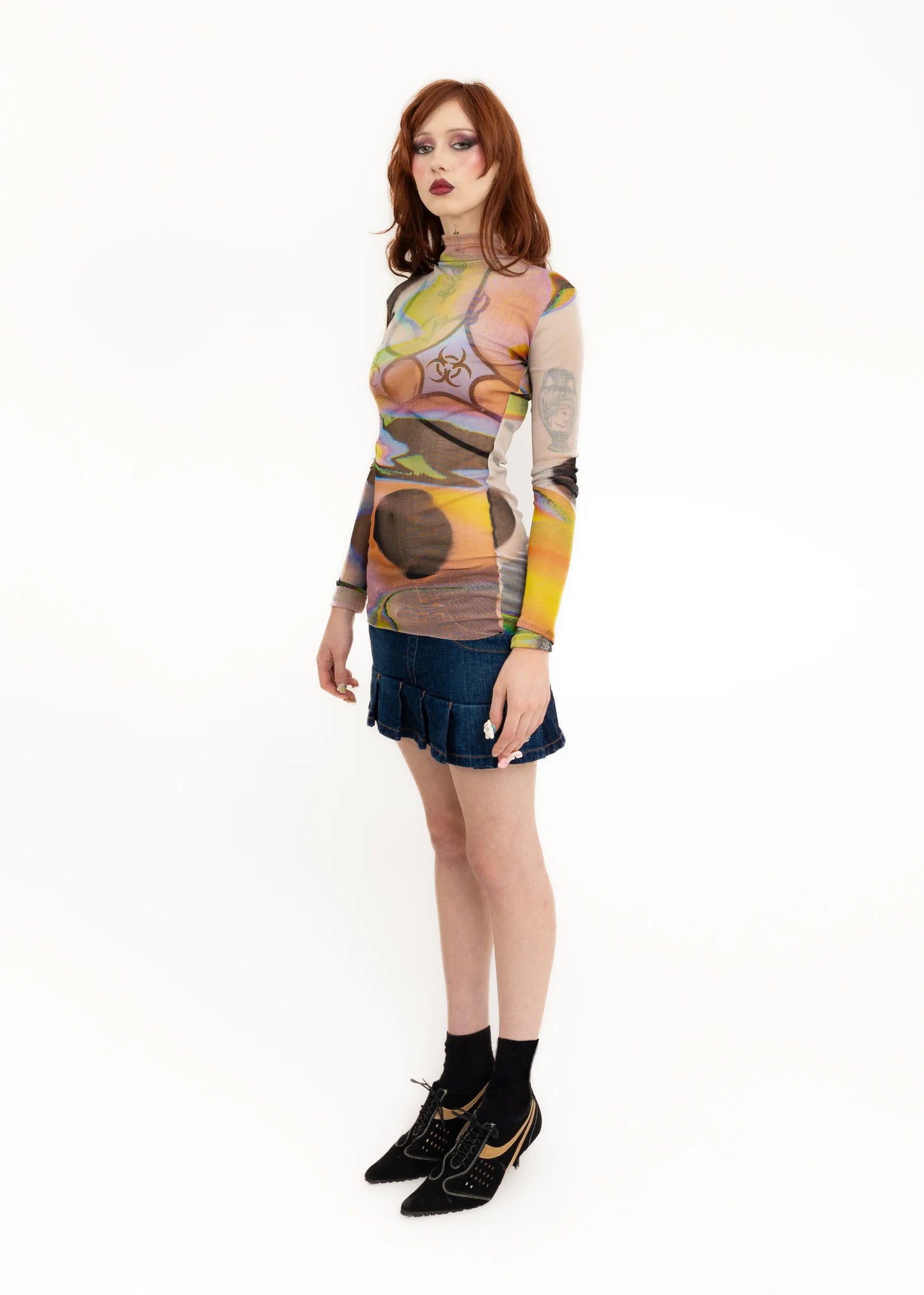 Jimmy D 1999 Makeup.Graffiti.Wav print silk mesh top *BB