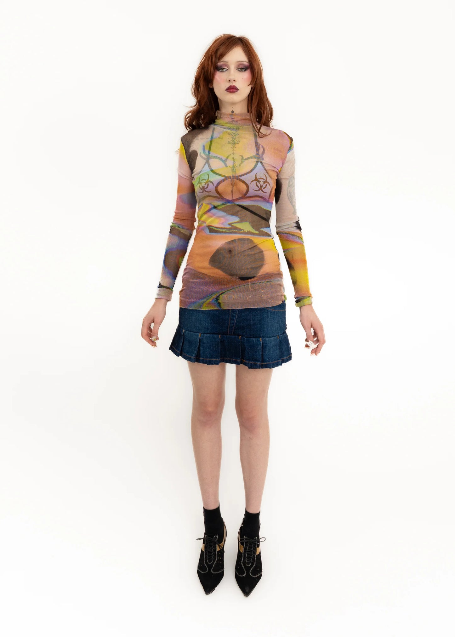 Jimmy D 1999 Makeup.Graffiti.Wav print silk mesh top *BB