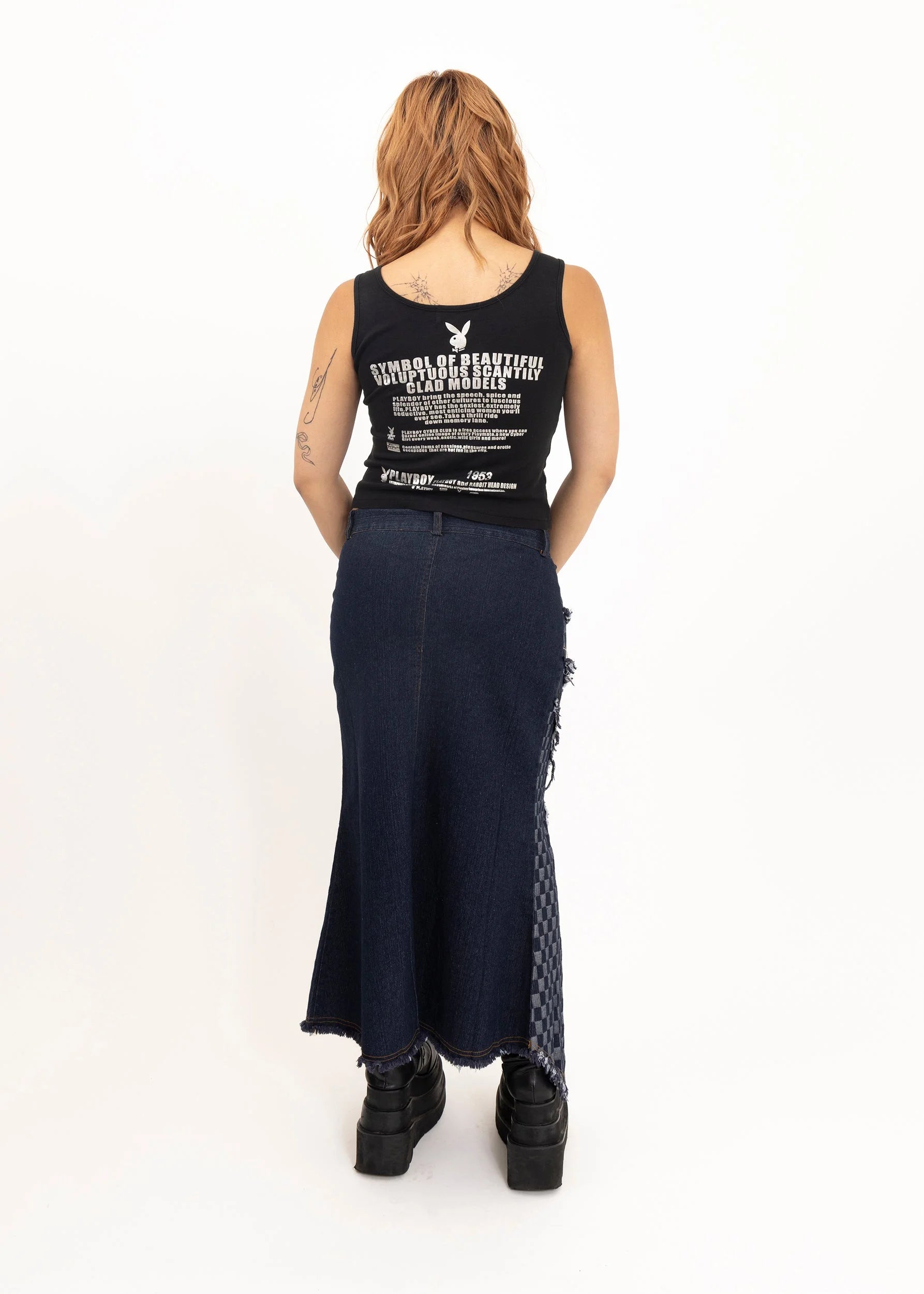 Bizarre Bazaar 2000s dead stock checkerboard denim maxi skirt