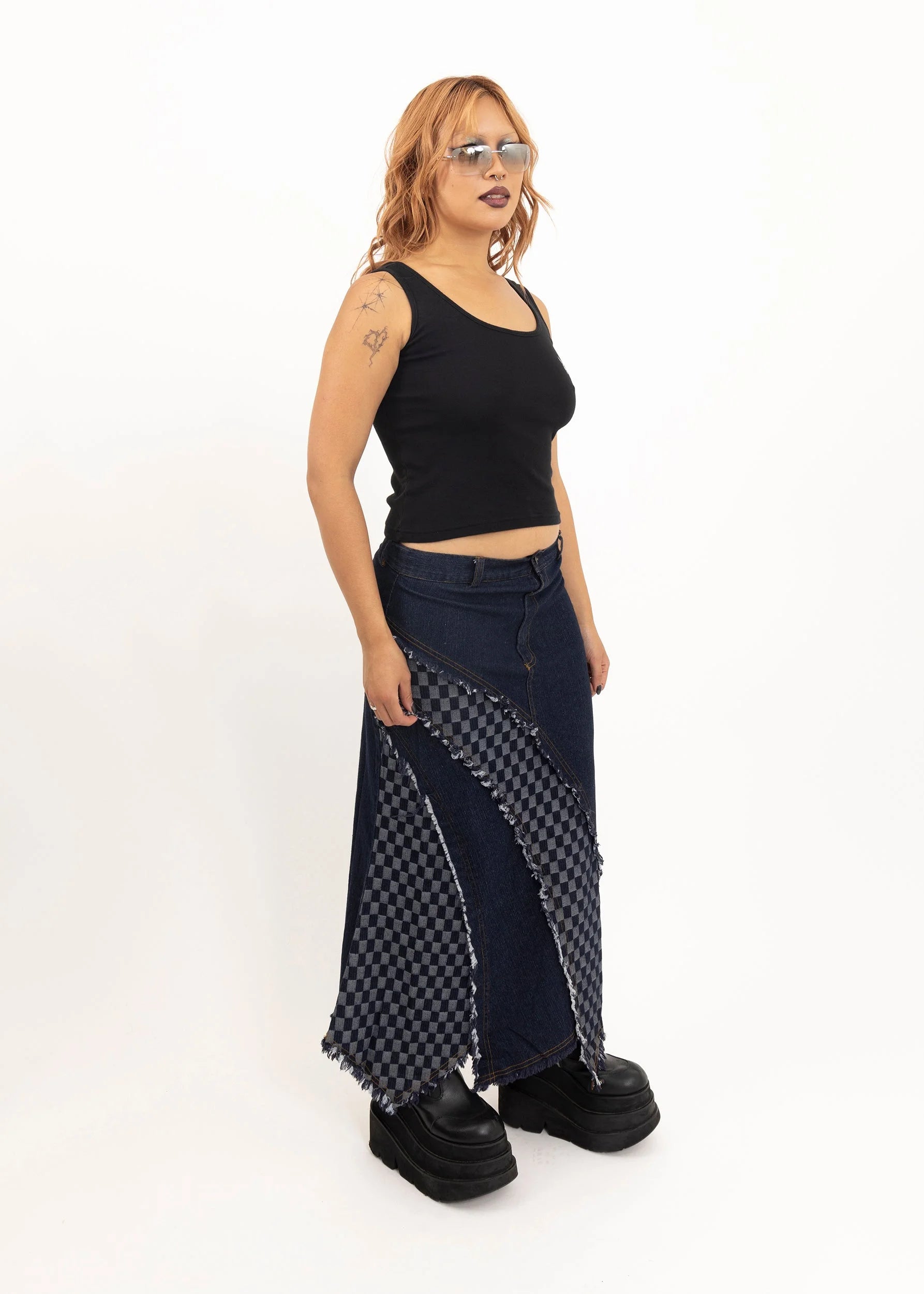 Bizarre Bazaar 2000s dead stock checkerboard denim maxi skirt