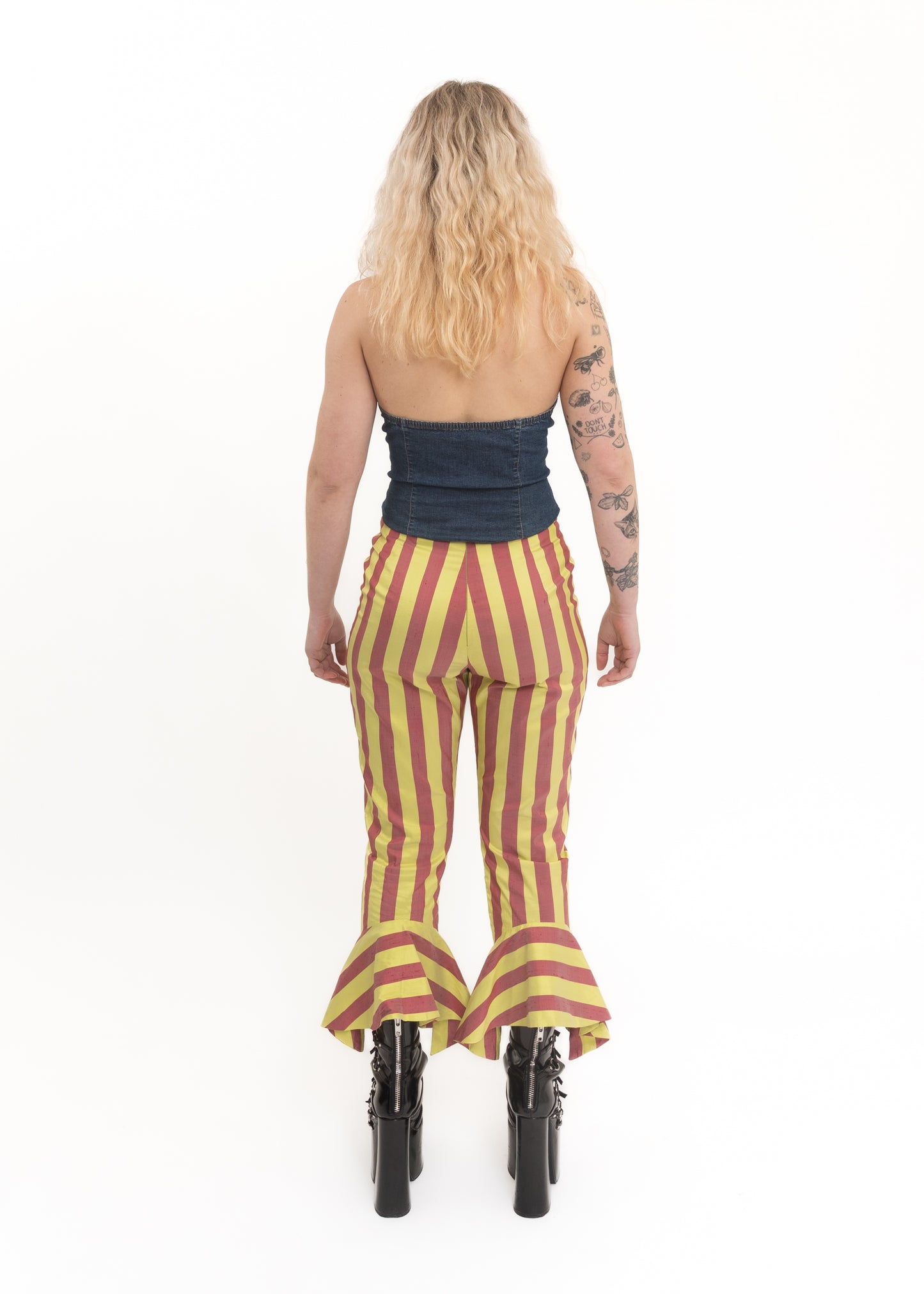 Striped silk dupion ruffle hem pants