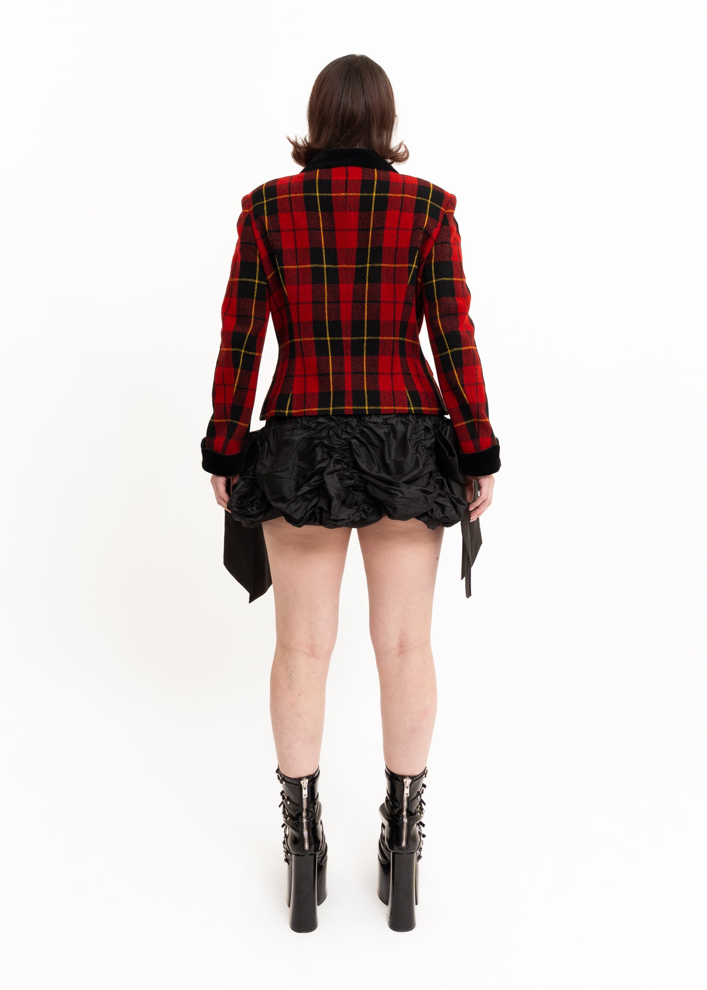 Japanese vintage tartan jacket with velvet cuffs and collar
