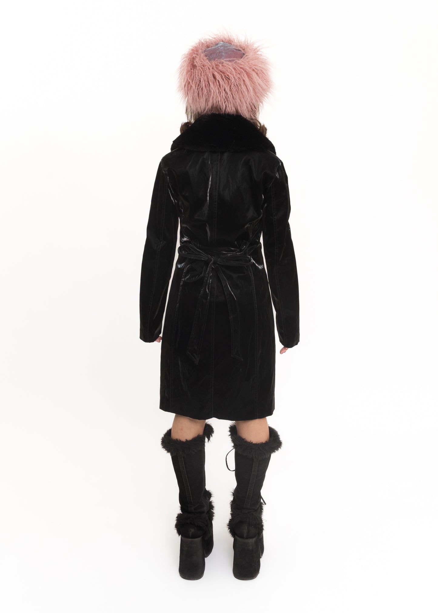 Liquid latex coat with faux fur collar