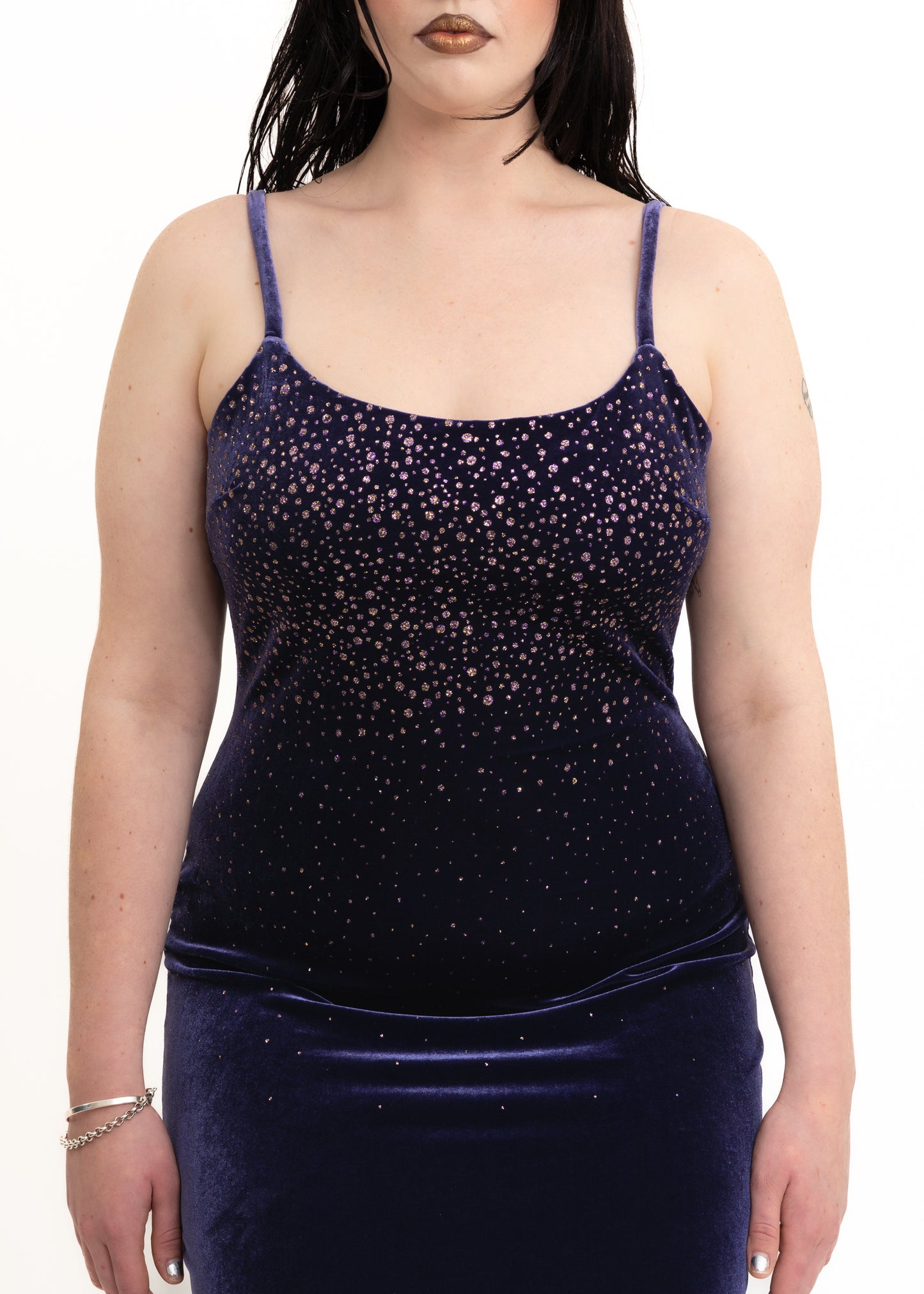 Velvet evening dress with glitter dot detail