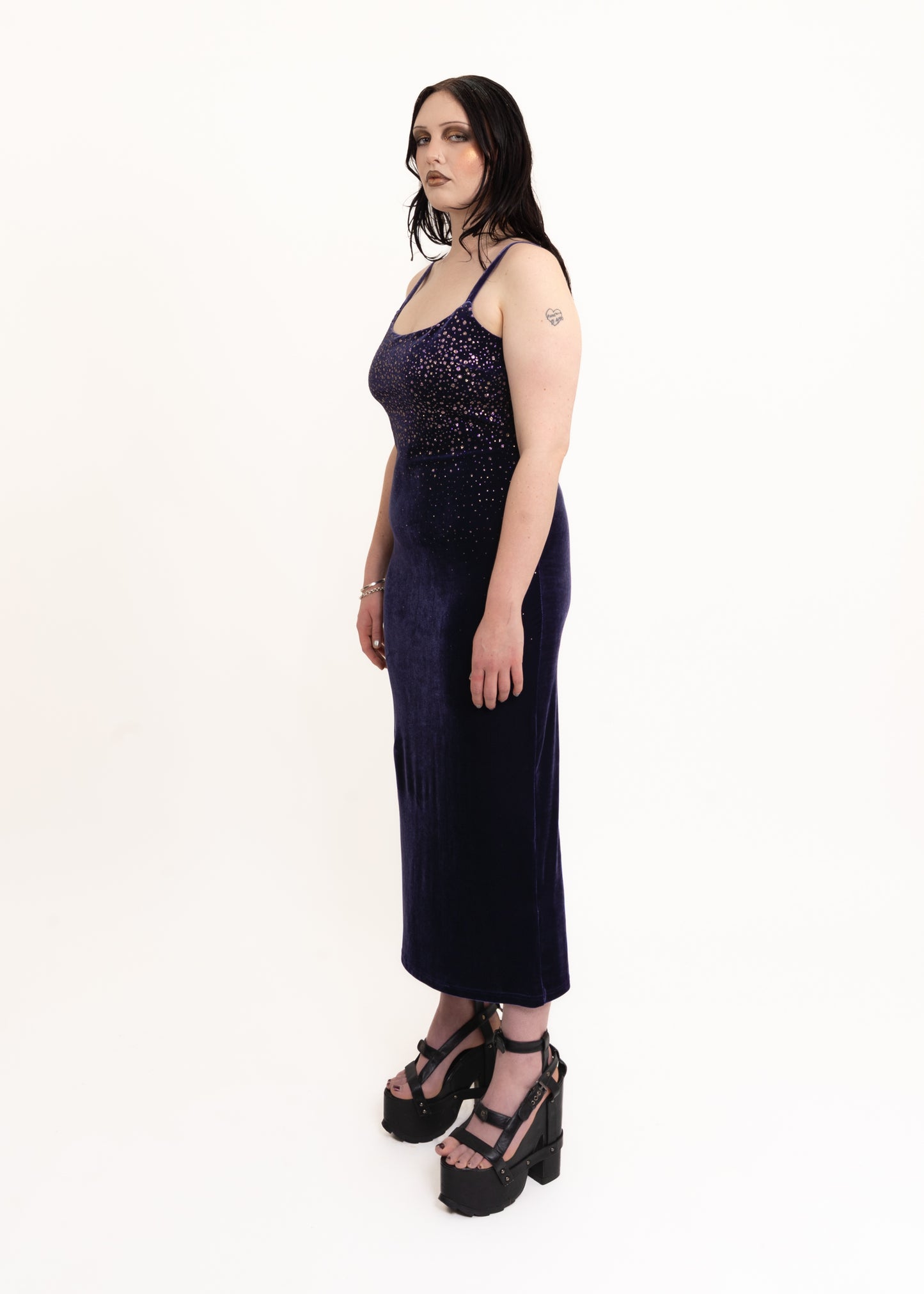 Velvet evening dress with glitter dot detail