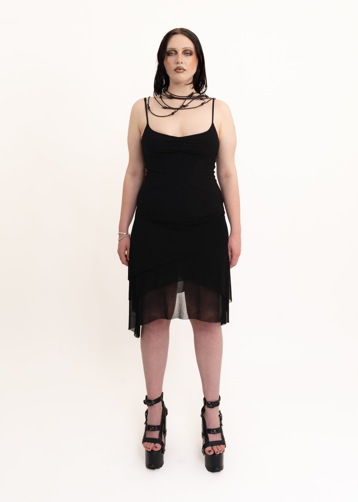 Mini dress with asymmetric tiered mesh skirt