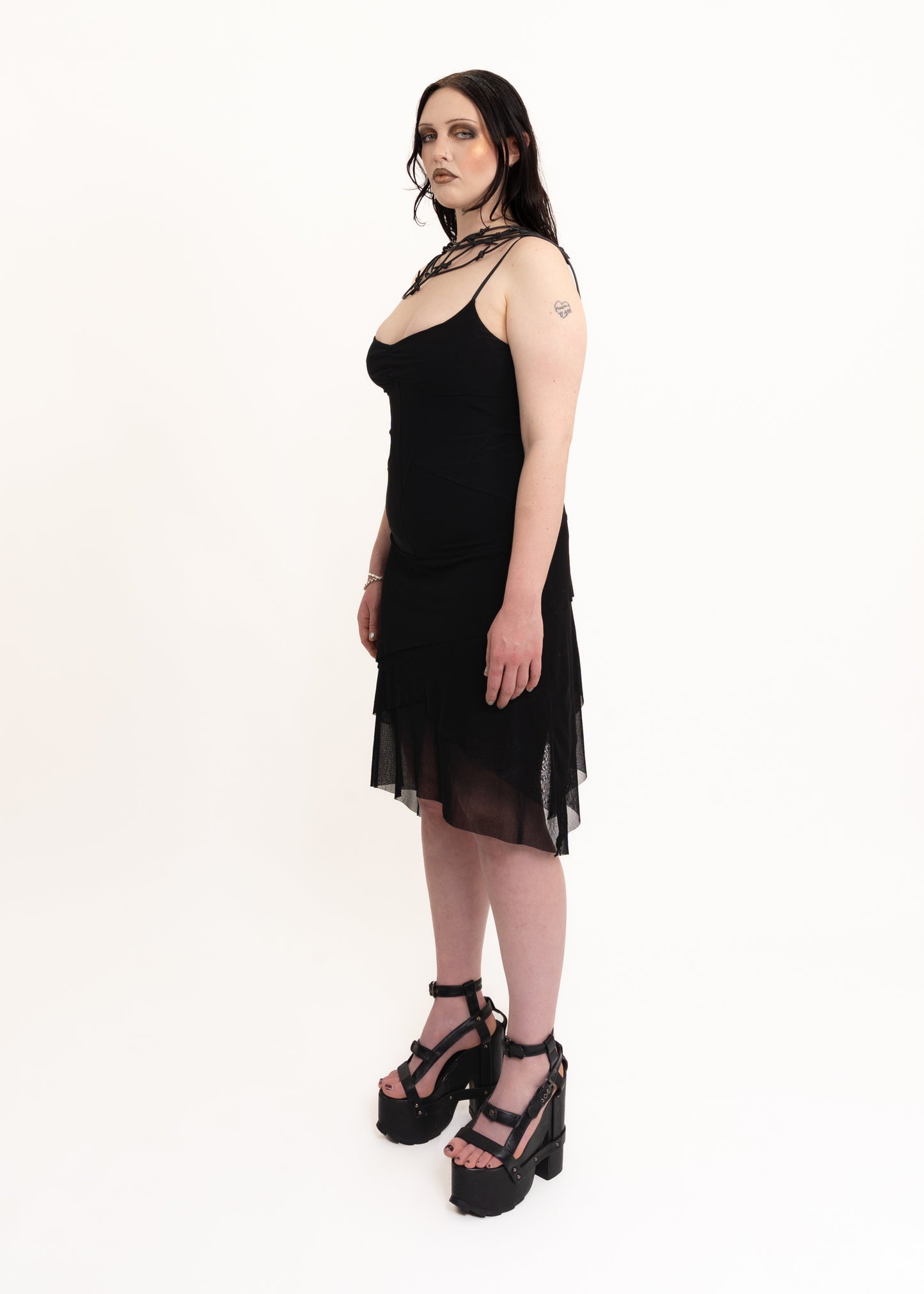 Mini dress with asymmetric tiered mesh skirt