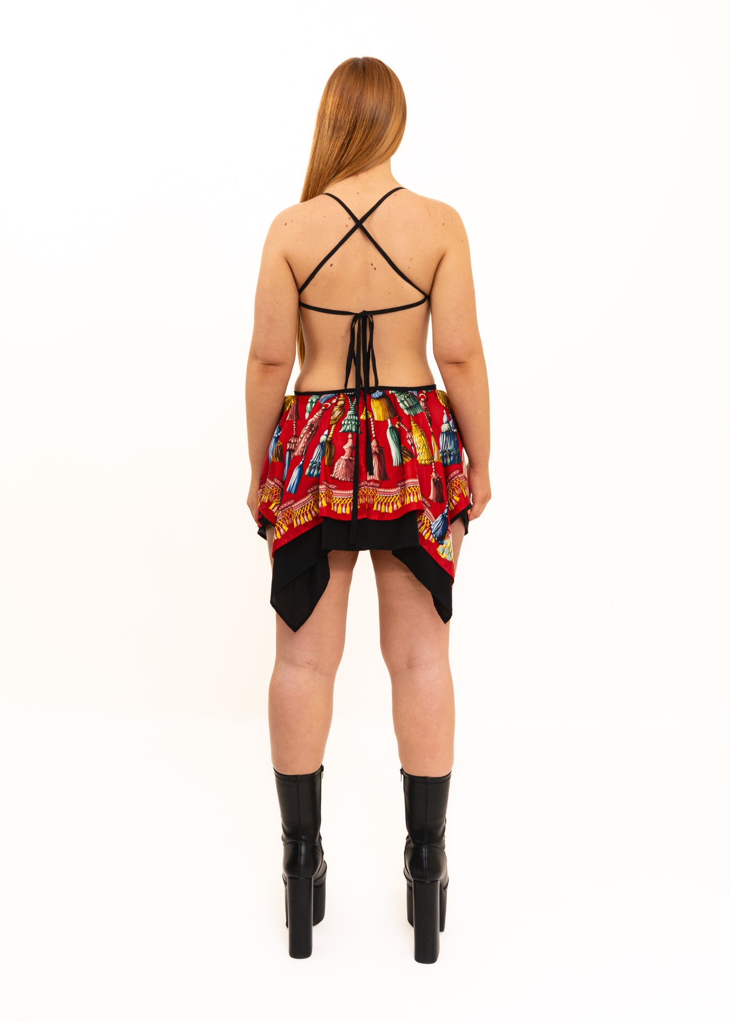 Odyssey Silk Scarf Dress- deep red tassel