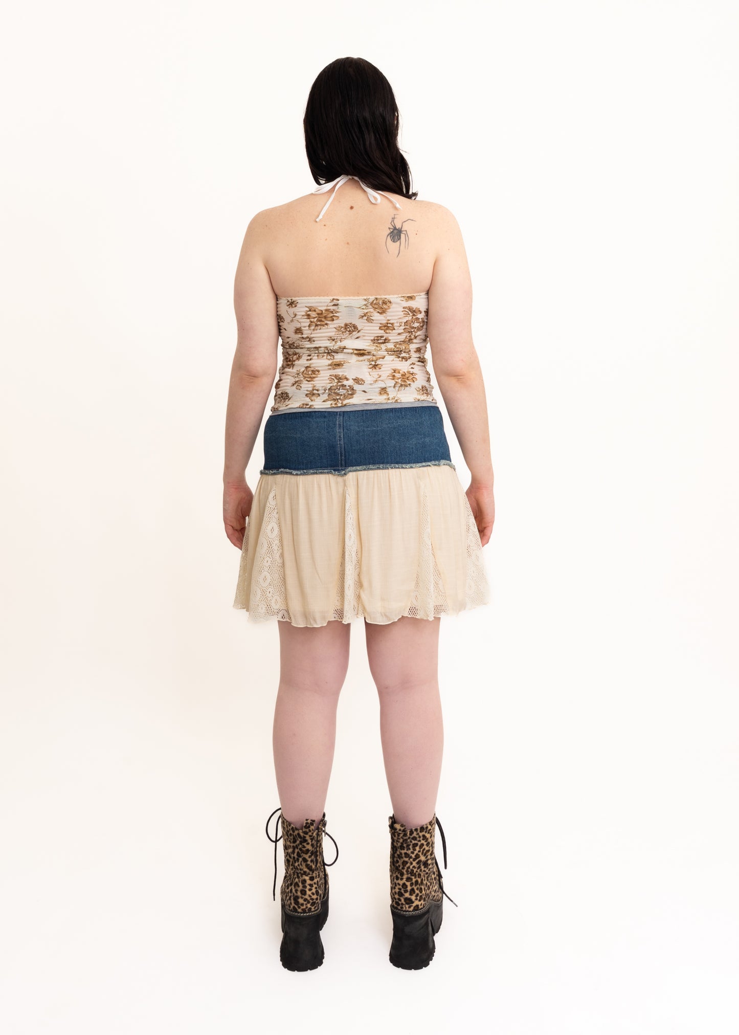 "Remake" style denim/ lace panelled mini skirt