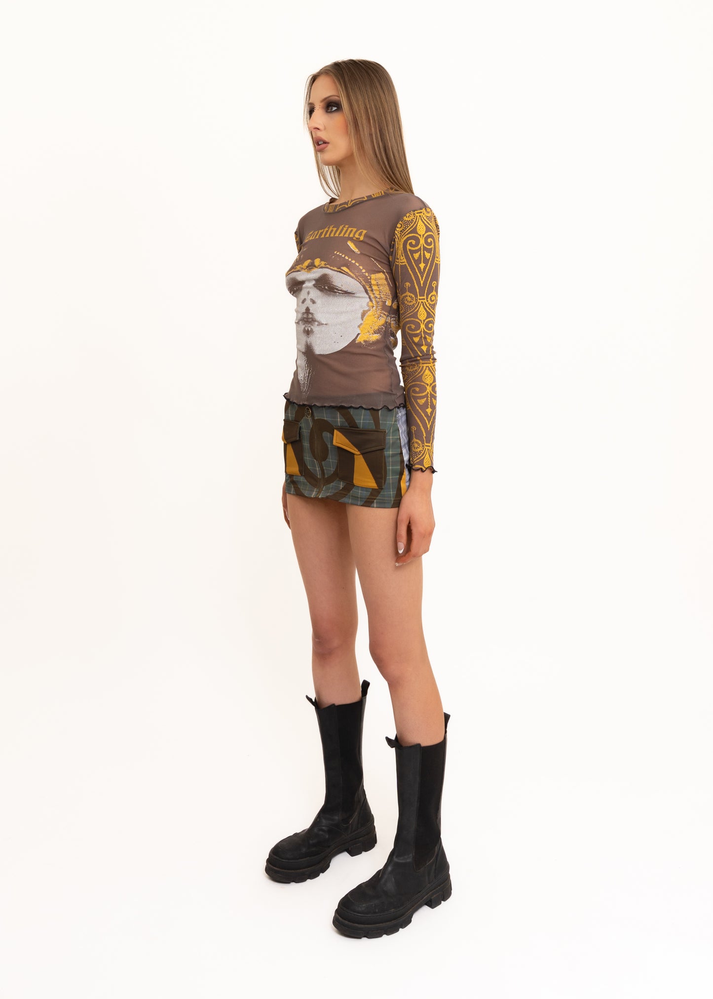 Earthling print long sleeve mesh top- brown/ gold