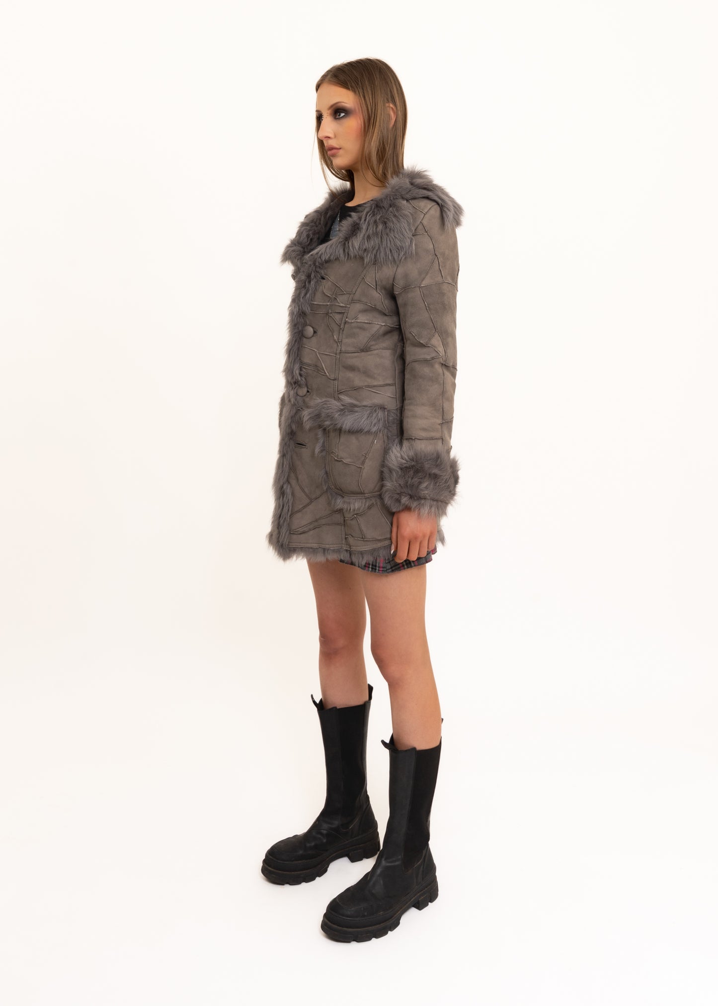 Patchwork suede shearling coat