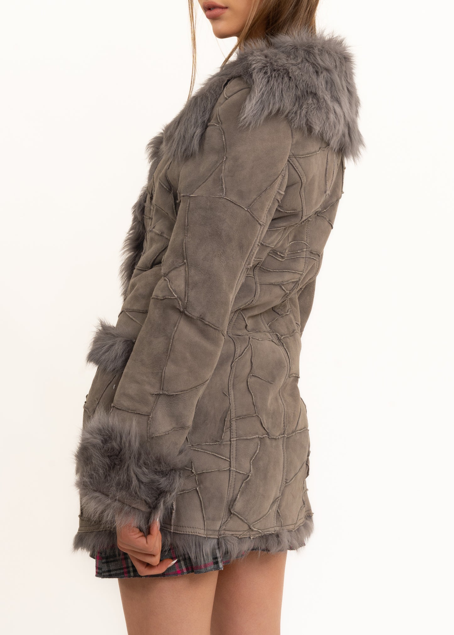 Patchwork suede shearling coat