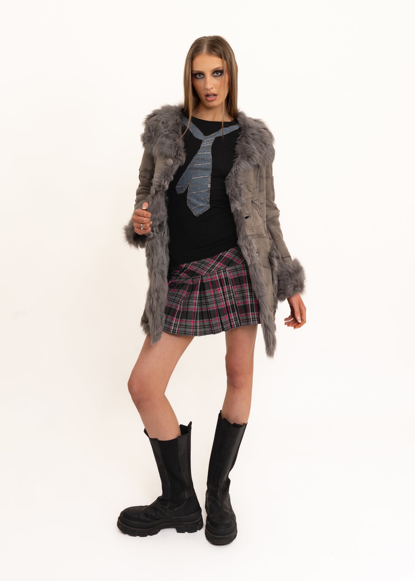 Patchwork suede shearling coat