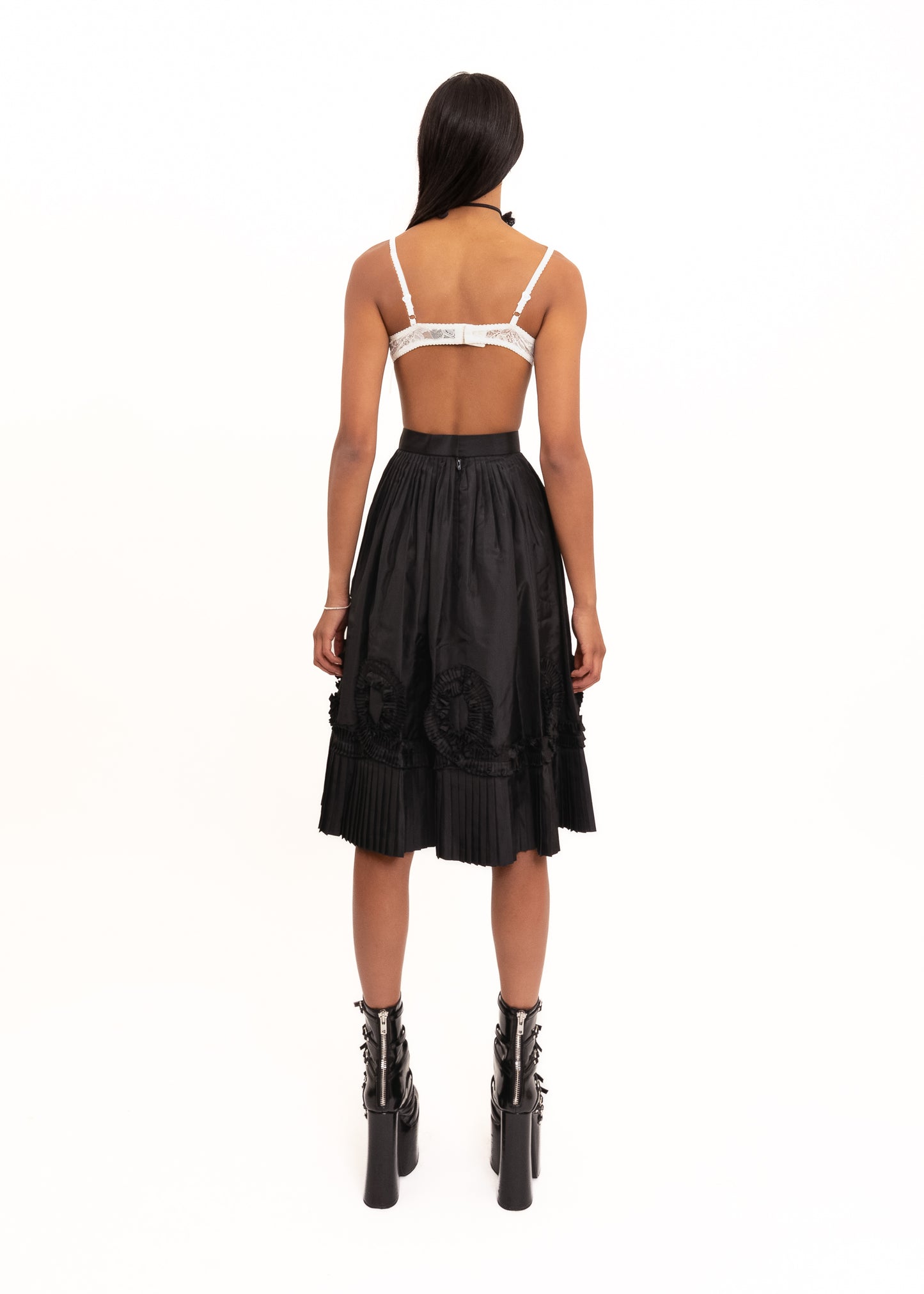 Rosette trim sateen midi skirt