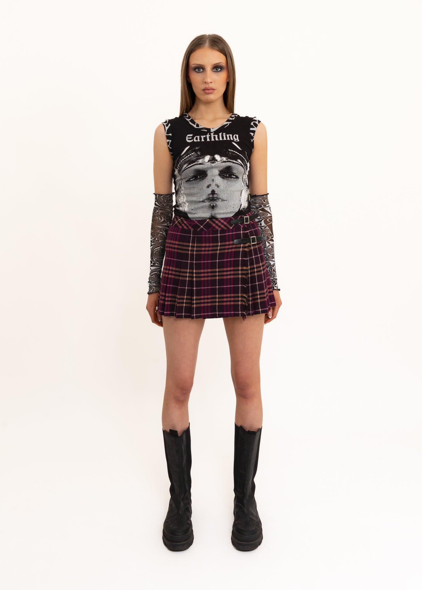 Tartan pleated wool mini skirt with leather buckles