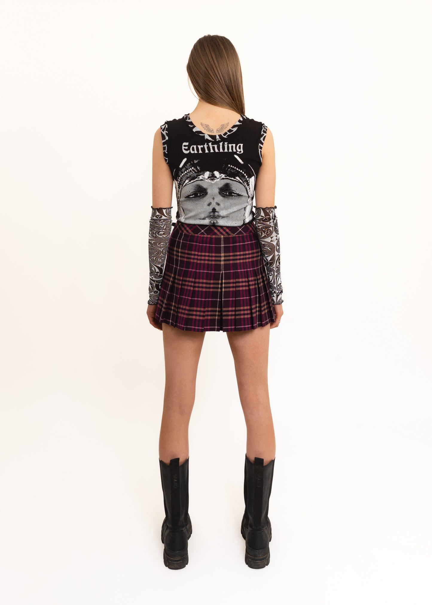 Tartan pleated wool mini skirt with leather buckles