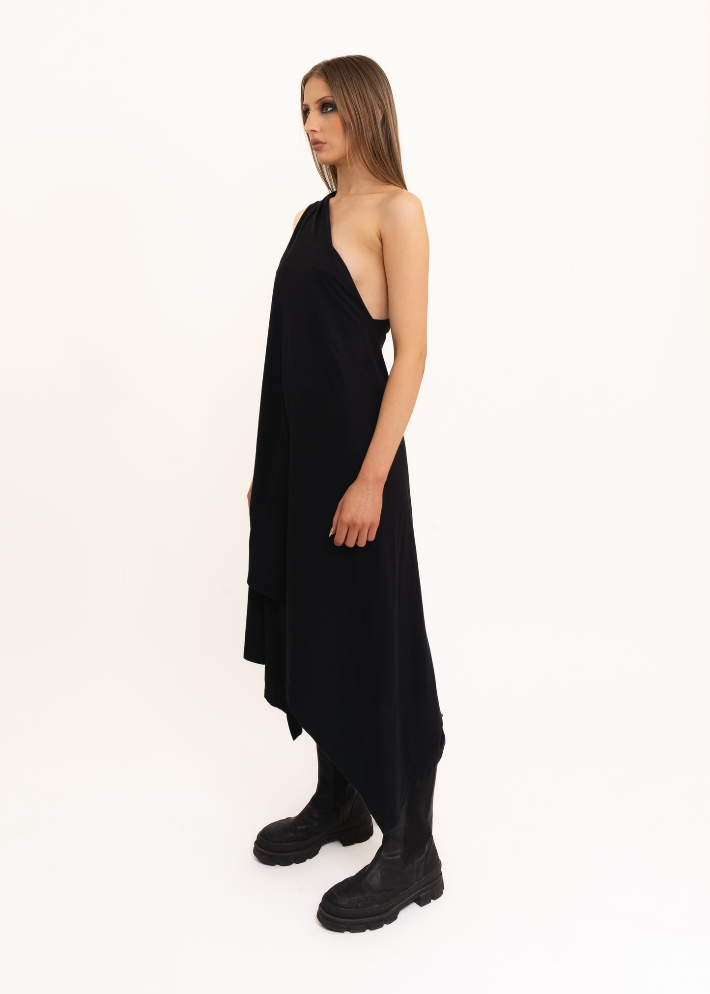 Asymmetric one shoulder drape dress