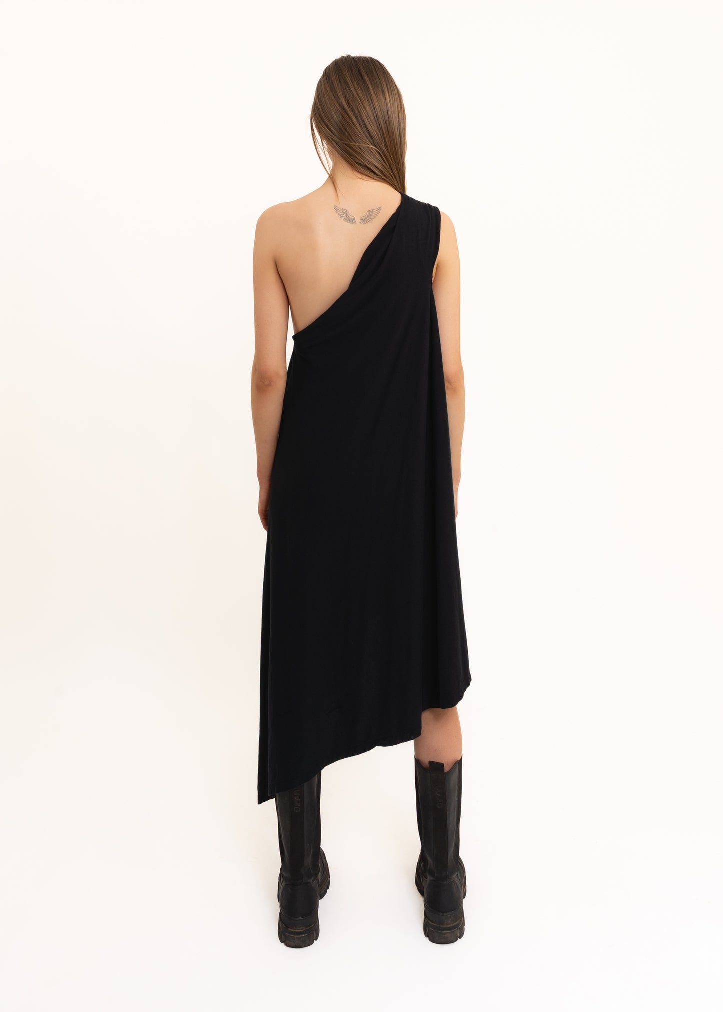 Asymmetric one shoulder drape dress