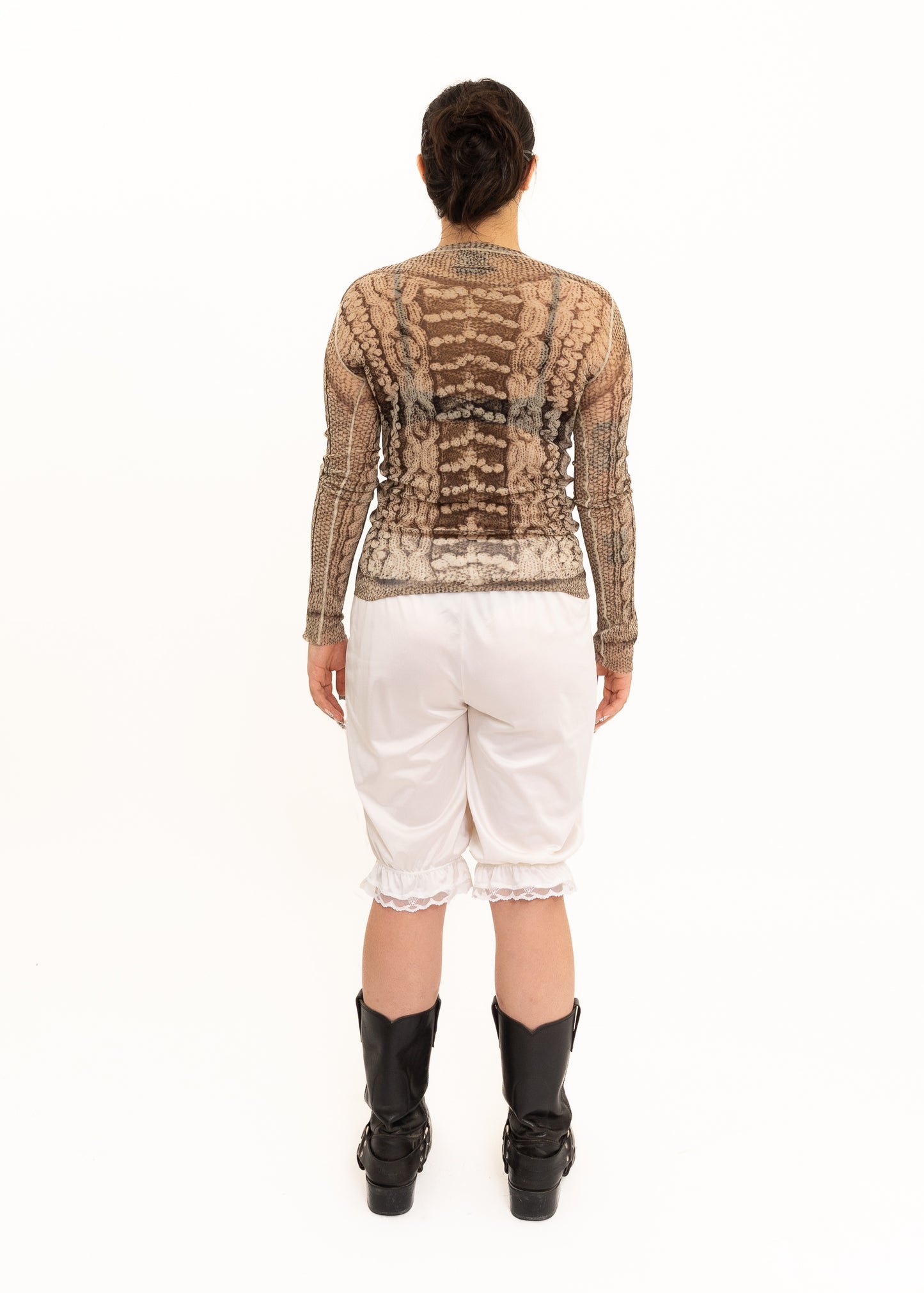Trompe l'oeil cable knit print mesh top