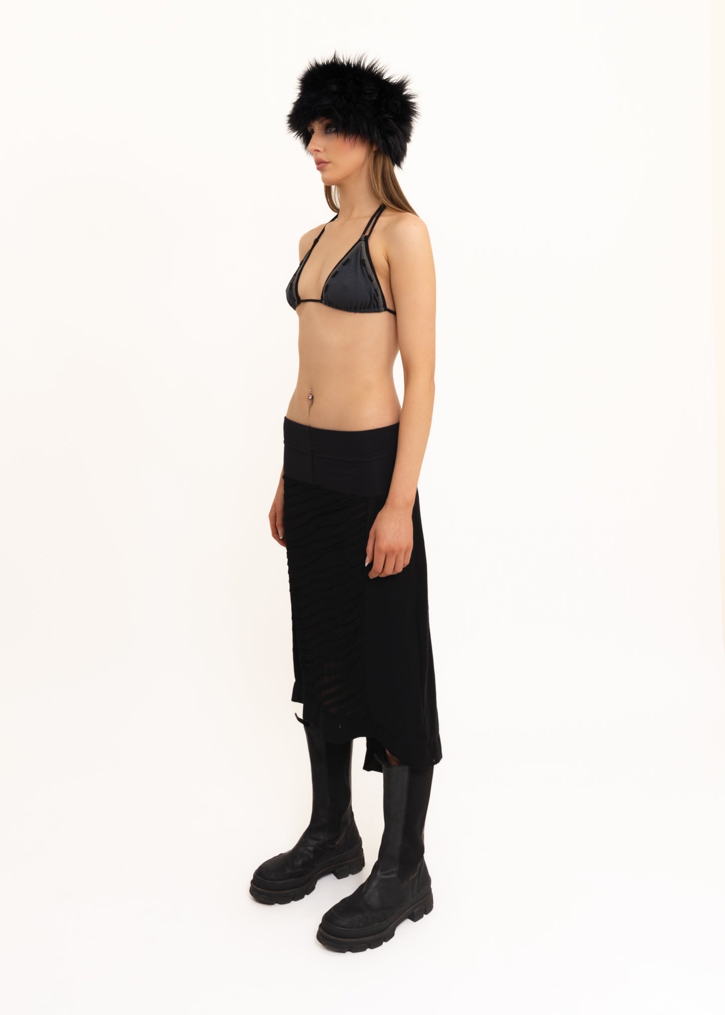 Asymmetric wool/ sheer panelled skirt
