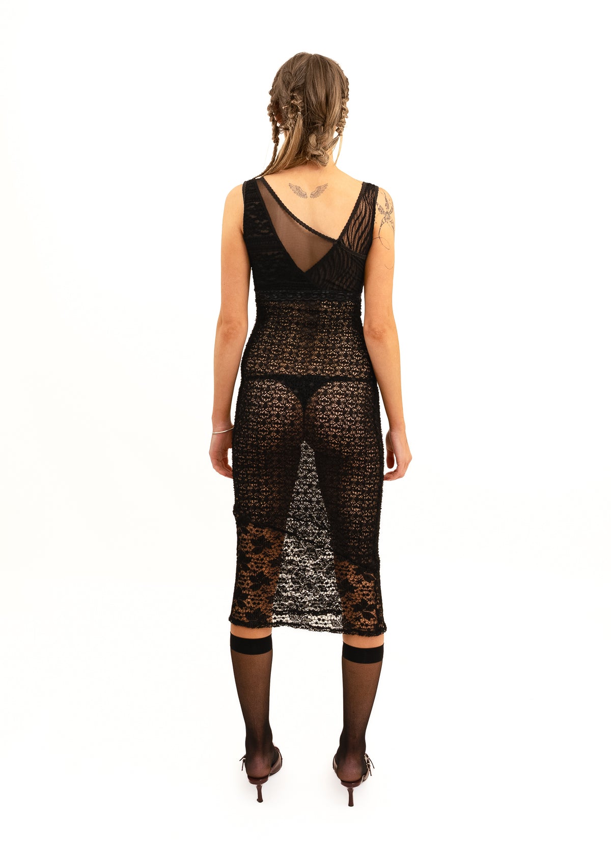 Asymmetric lace/ mesh panelled dress
