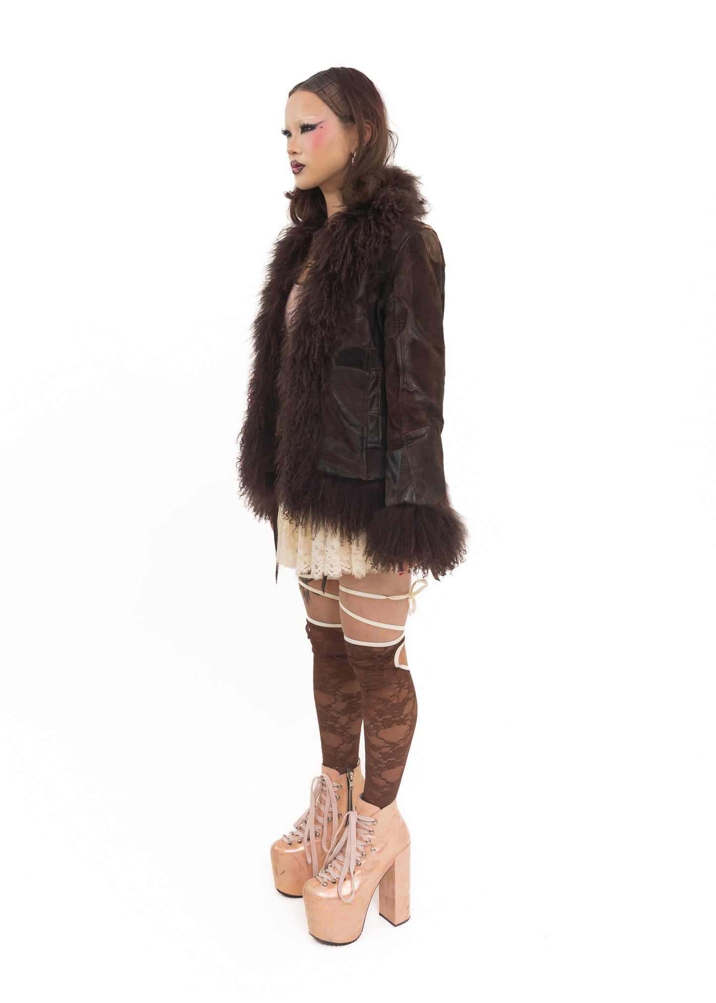 Patchwork leather/ suede jacket with Mongolian sheepskin trim