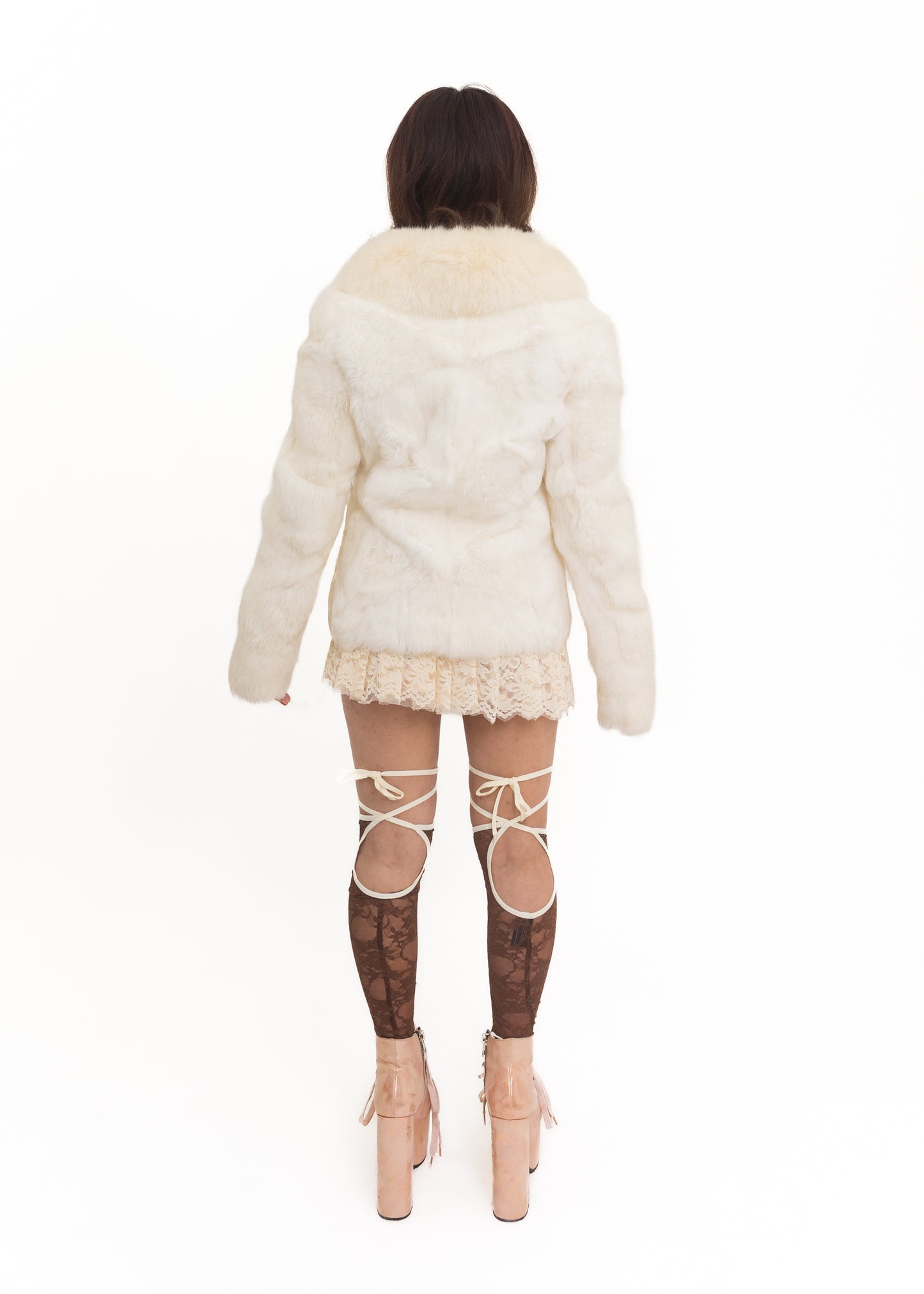 Rabbit fur coat with fox fur collar