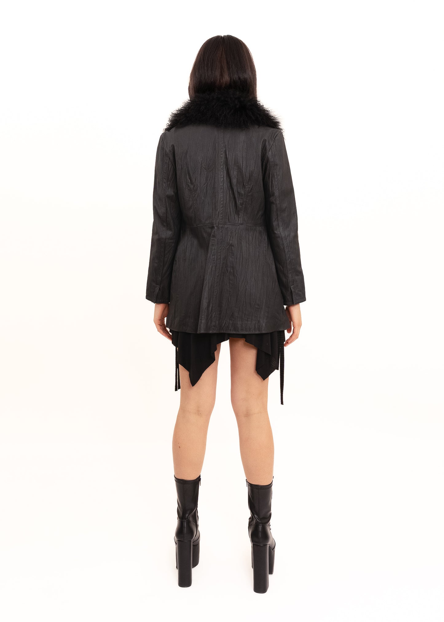 Japanese vintage leather coat with Mongolian sheepskin collar