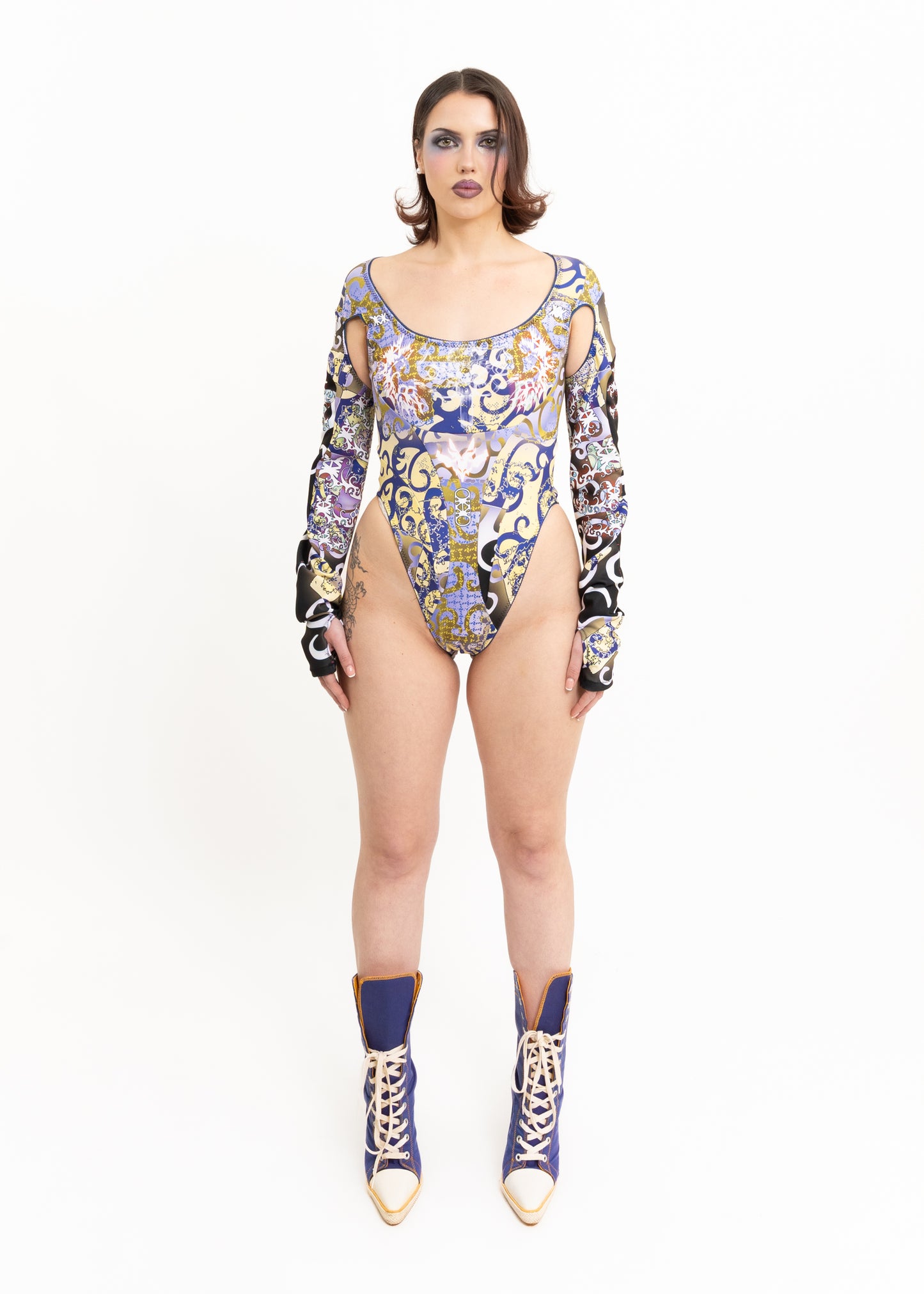 Graphic print cut out bodysuit- blue/ green