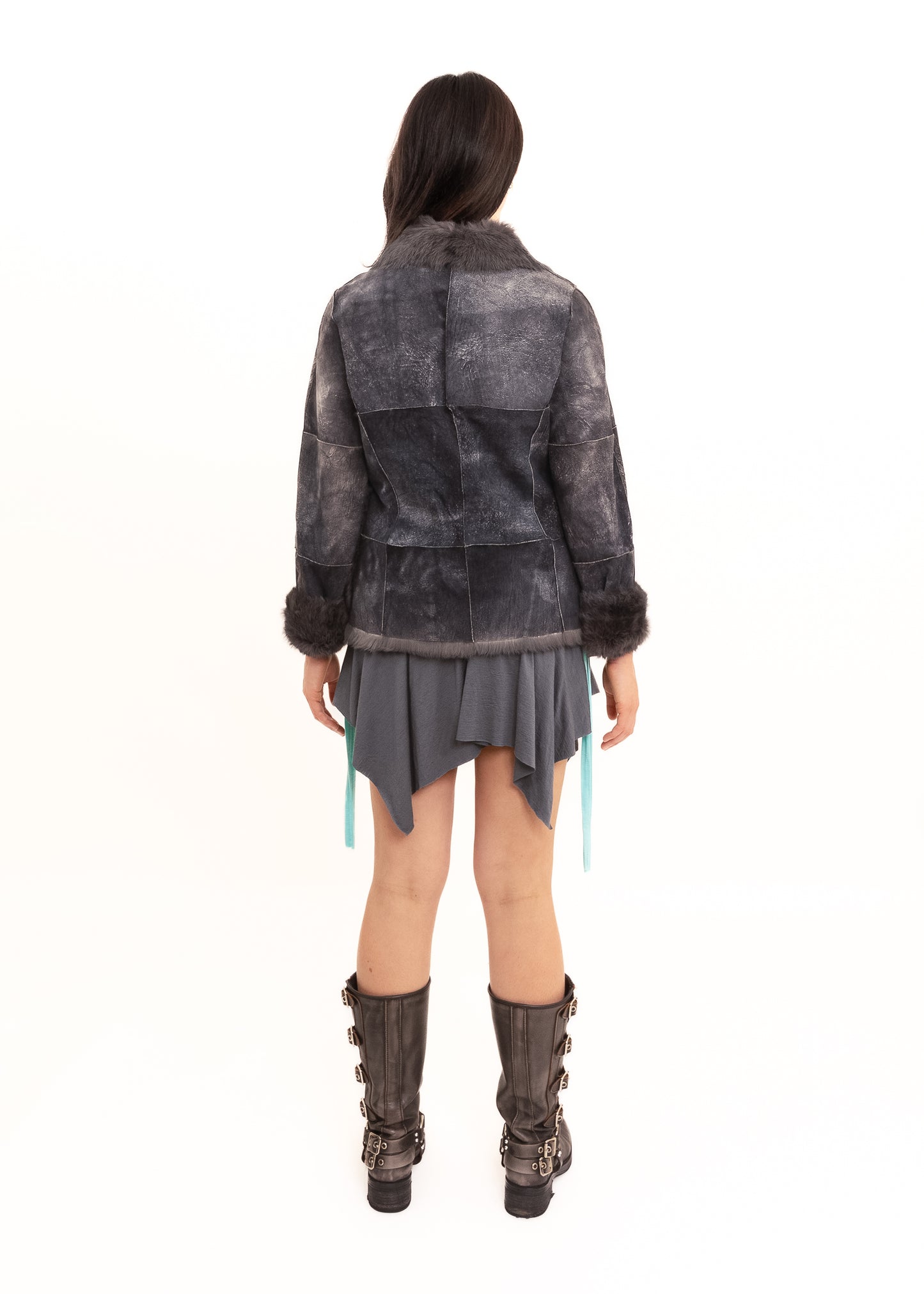 Variegated suede coat with rabbit fur lining and trims