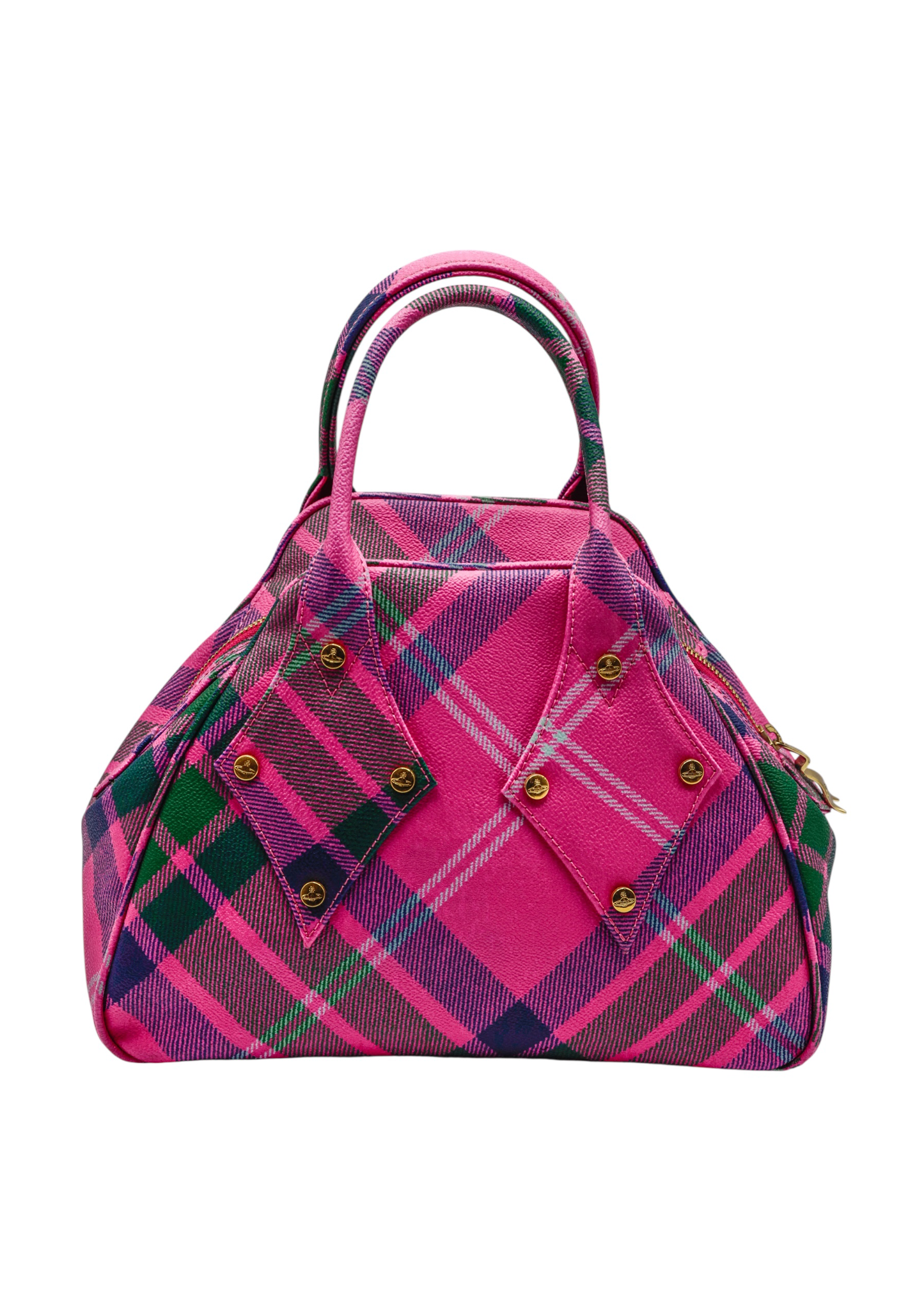 Yasmine pink tartan bowler bag