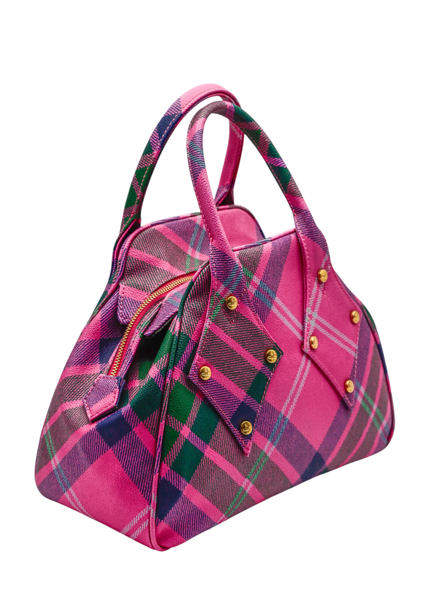 Yasmine pink tartan bowler bag
