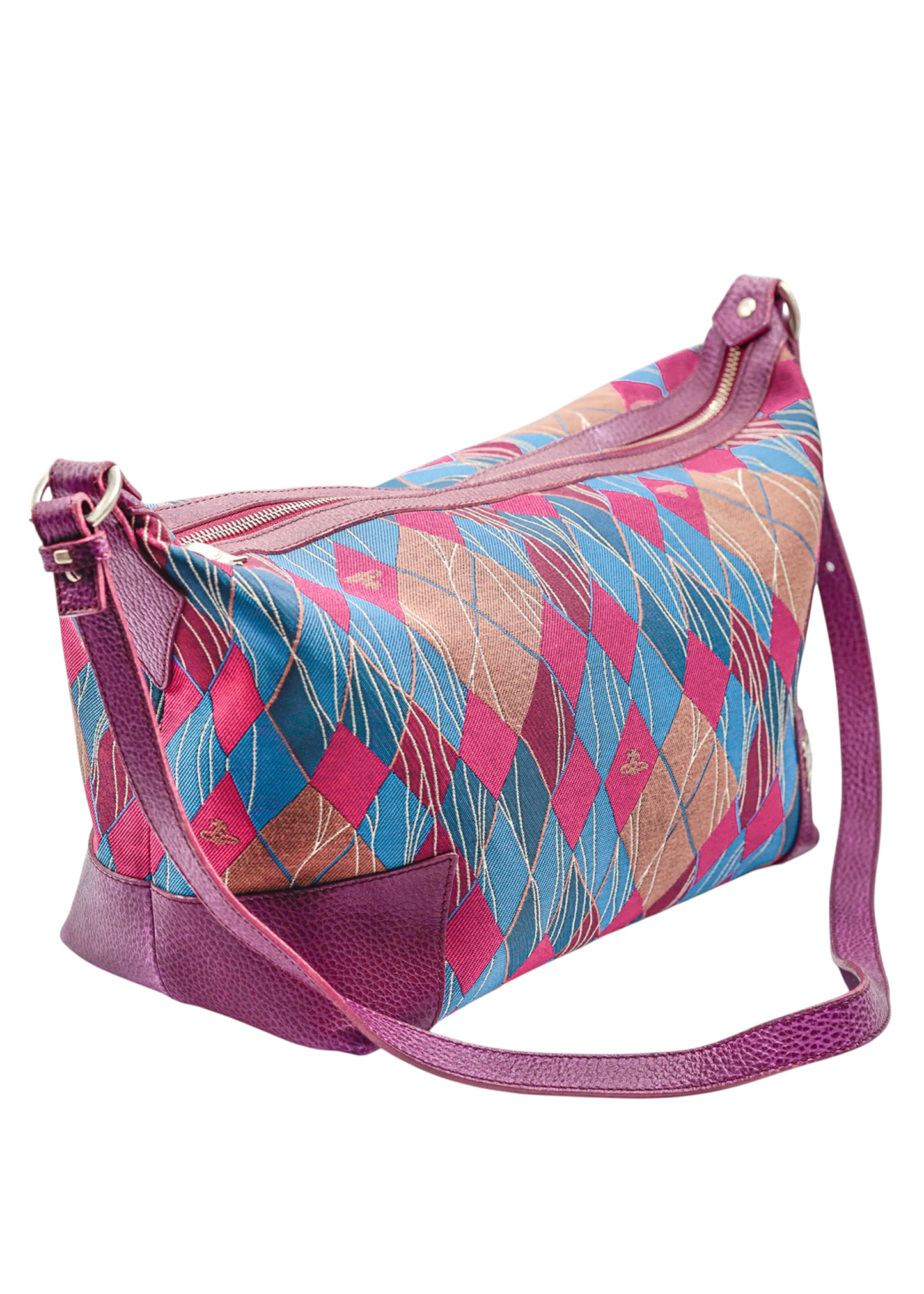 Pink/ blue jacquard argyle shoulder bag with leather strap