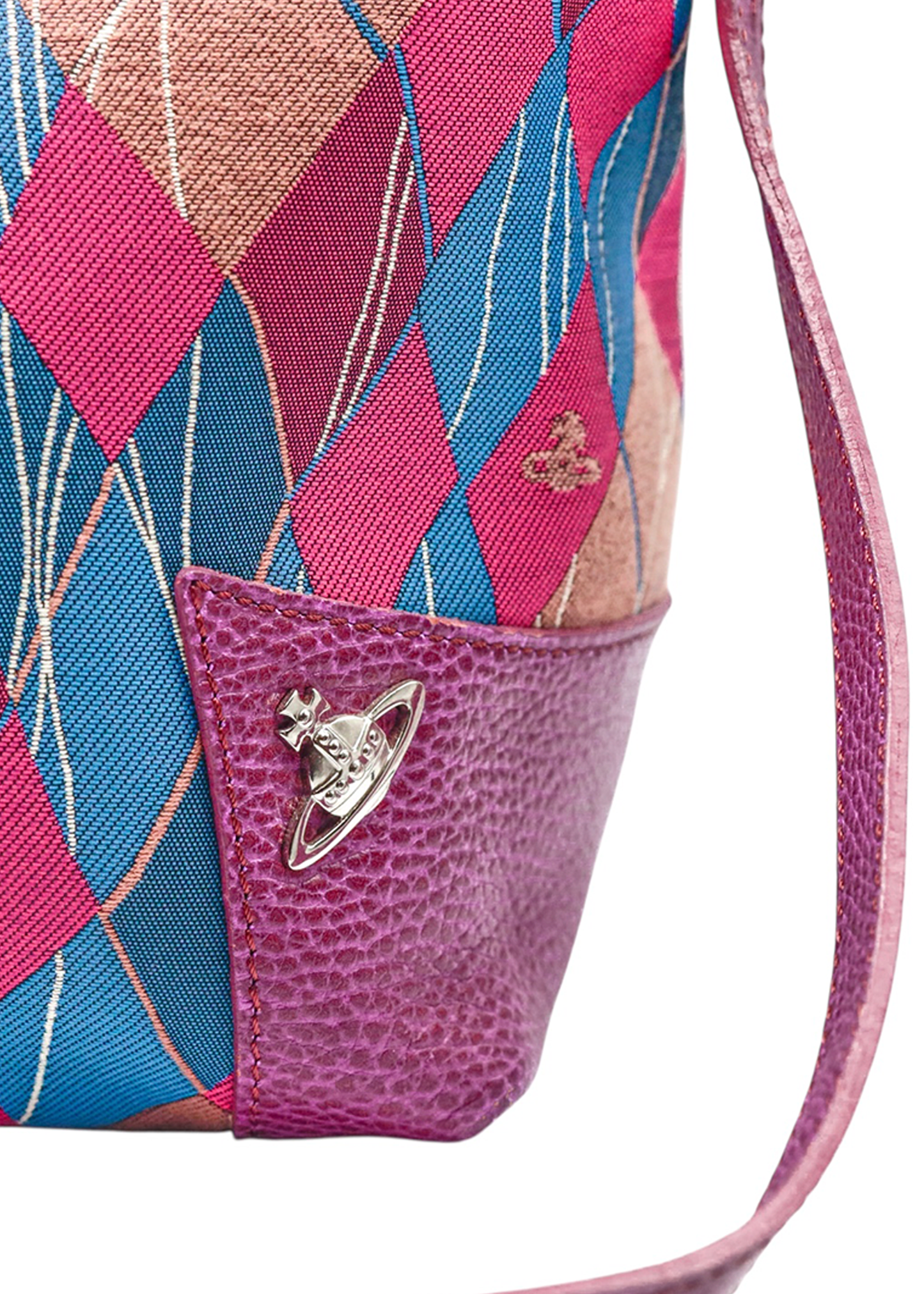 Pink/ blue jacquard argyle shoulder bag with leather strap