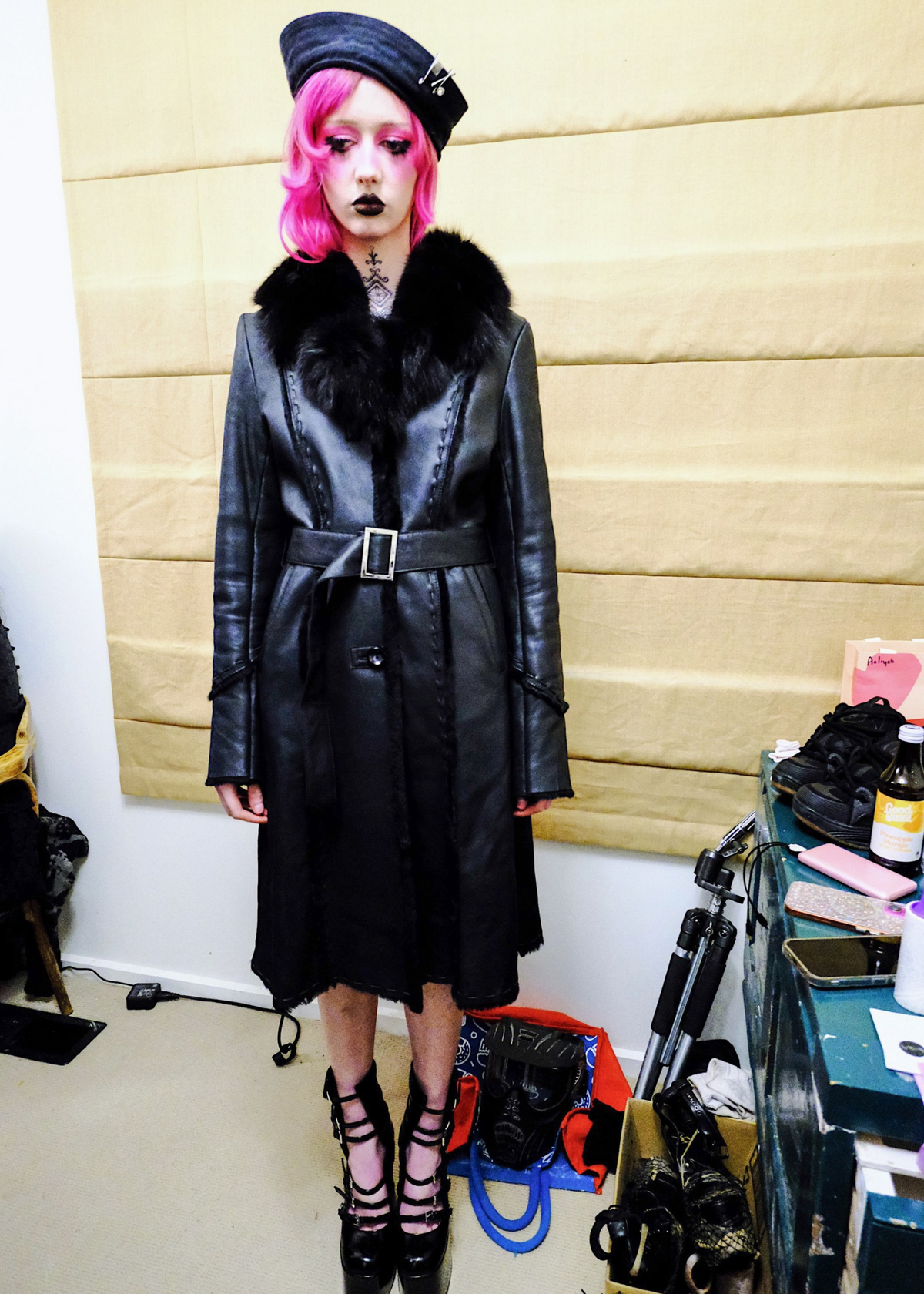 Leather mouton trench coat with fur collar