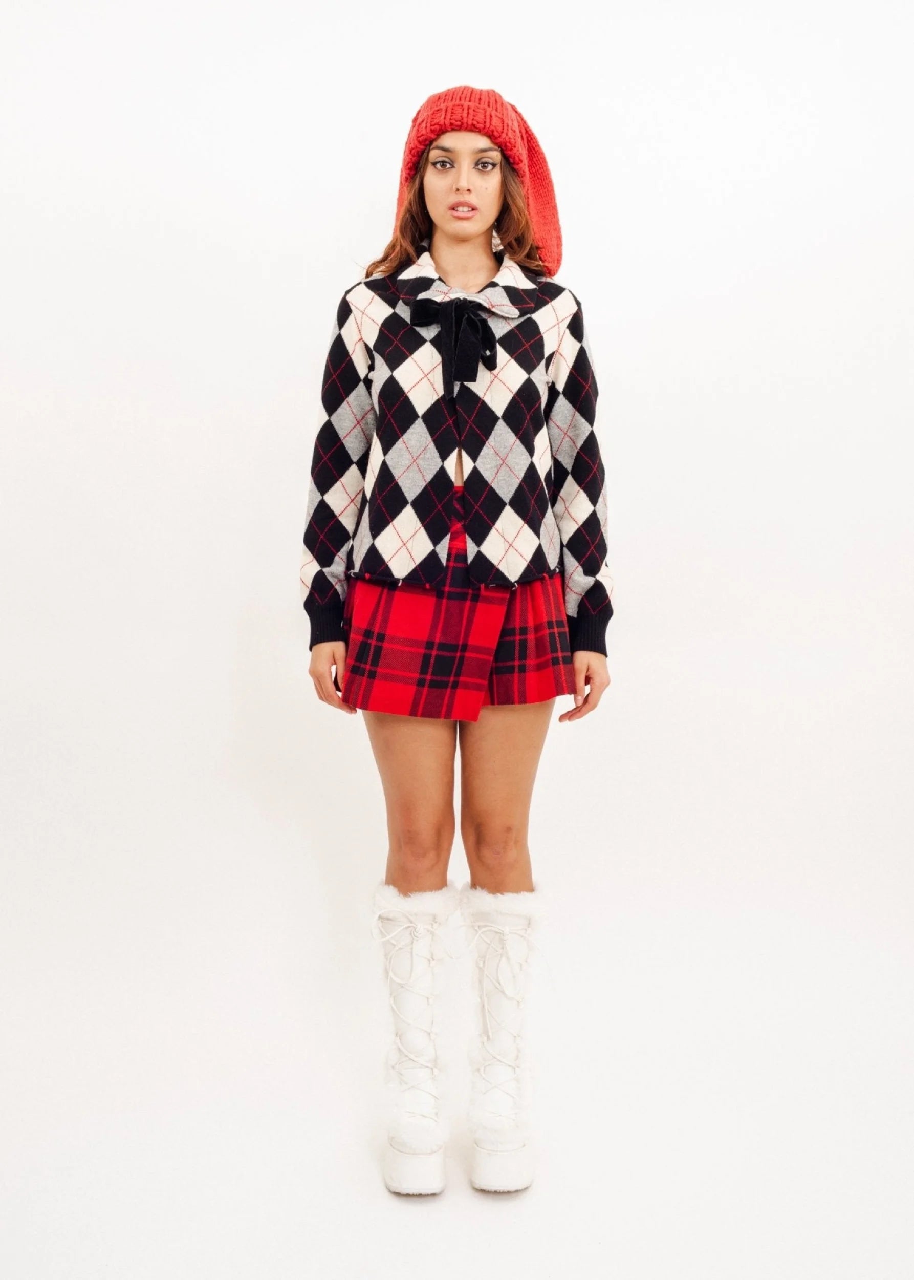 Comme des Garçons tricot AD2004 Argyle cardigan with velvet pussybow