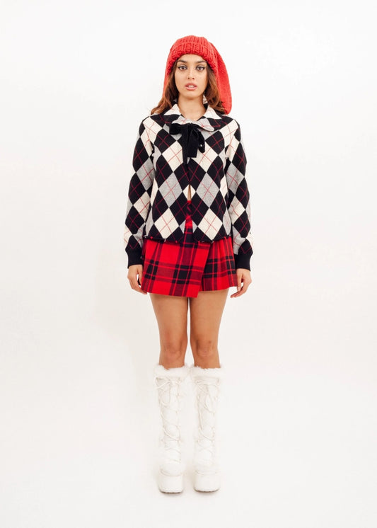 Comme des Garçons tricot AD2004 Argyle cardigan with velvet pussybow