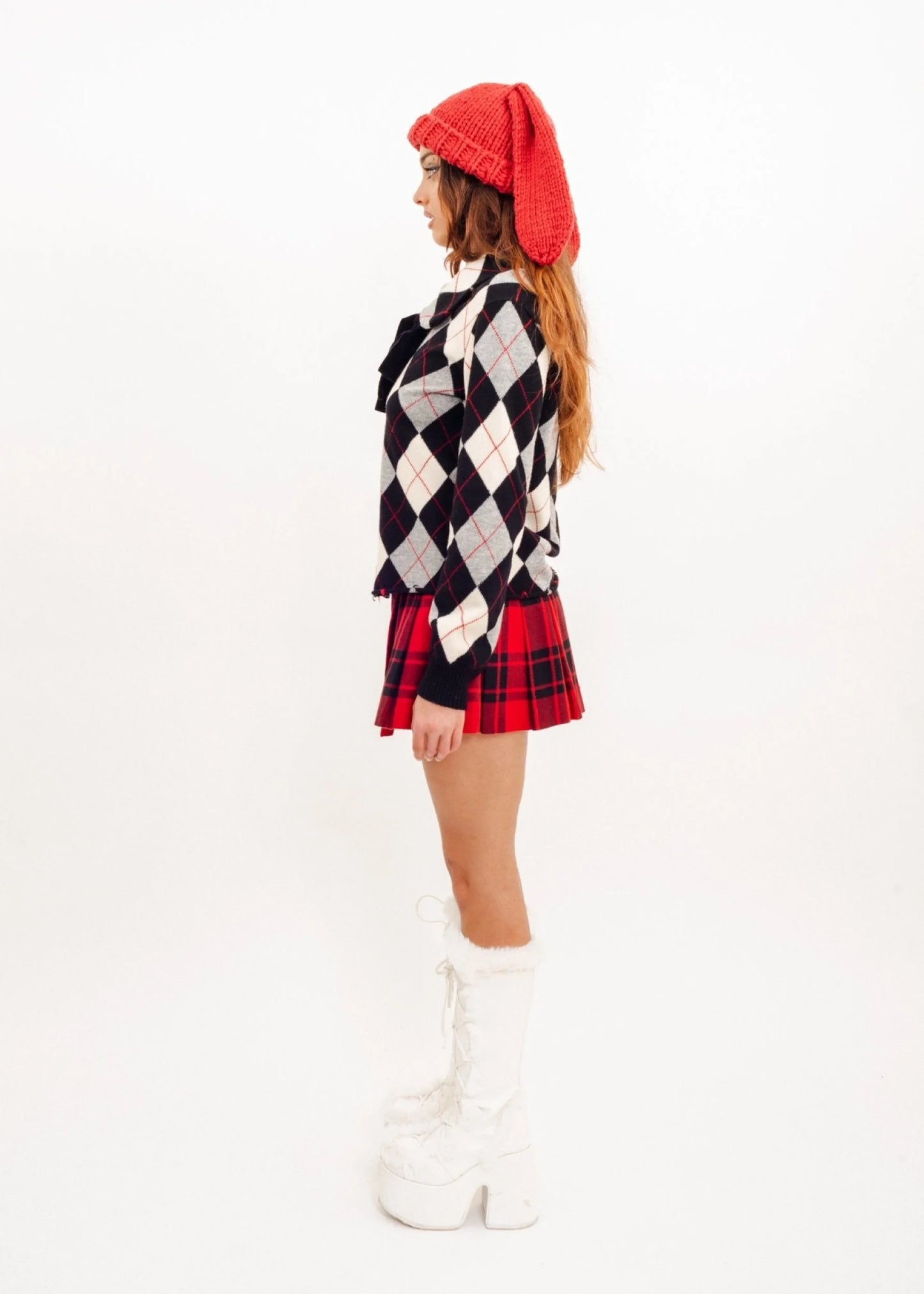 Comme des Garçons tricot AD2004 Argyle cardigan with velvet pussybow