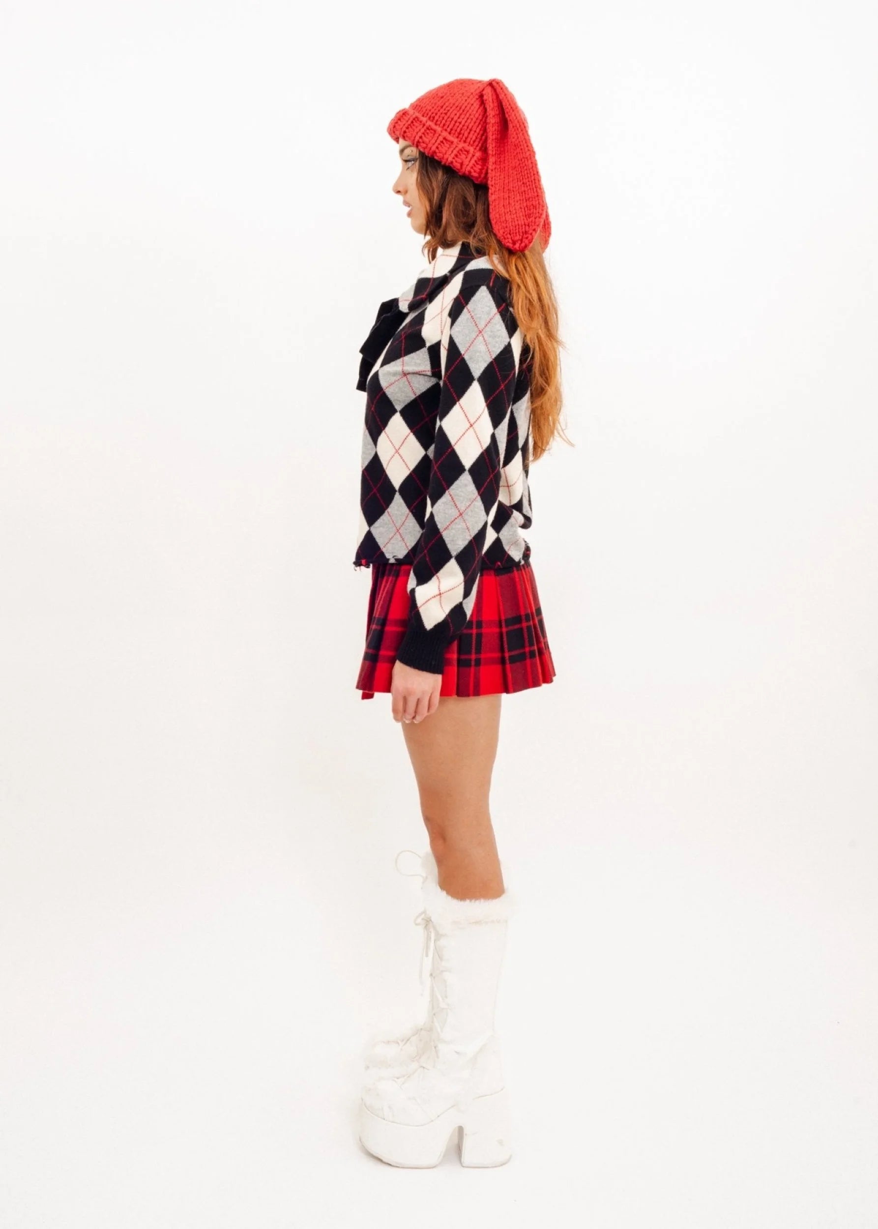 Comme des Garçons tricot AD2004 Argyle cardigan with velvet pussybow