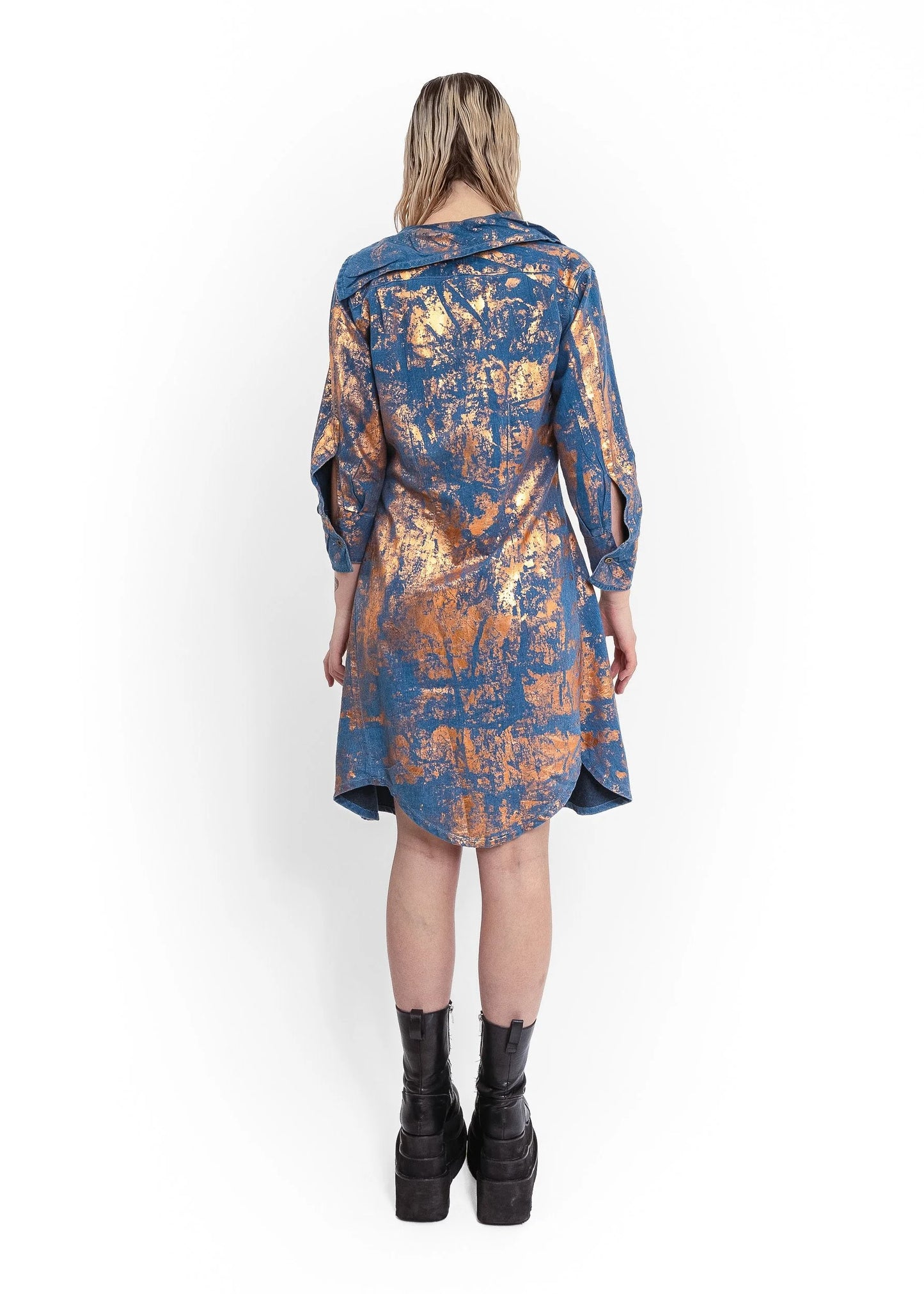 Vivienne Westwood Anglomania x Lee Asymmetric shirt dress with metallic foil accents
