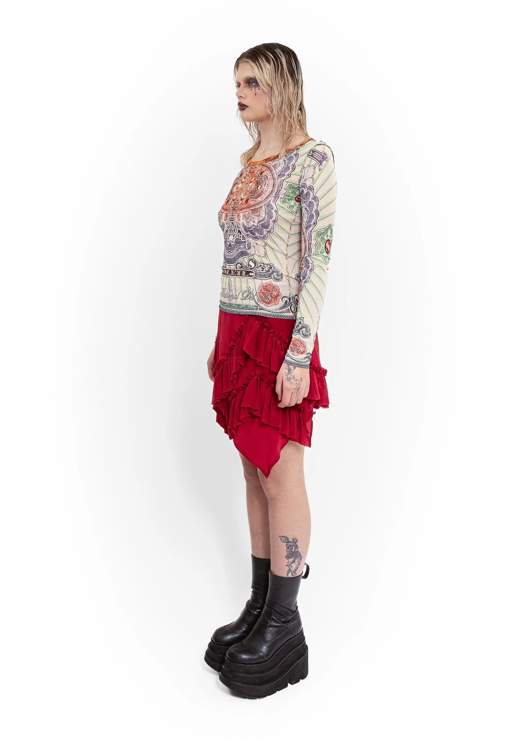 Jean Paul Gaultier Soleil S/S 1994 bank note print mesh top
