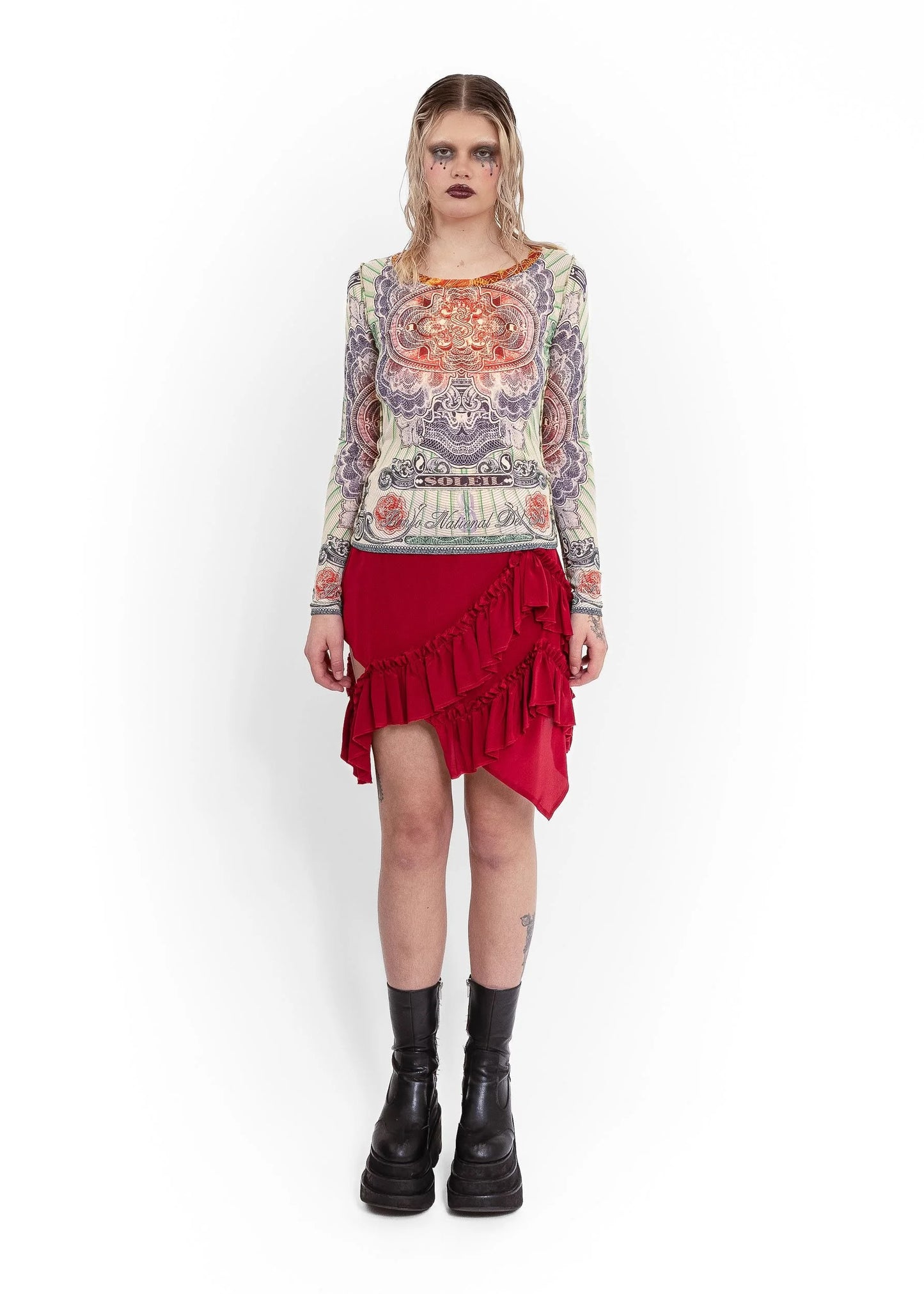 Jean Paul Gaultier Soleil S/S 1994 bank note print mesh top