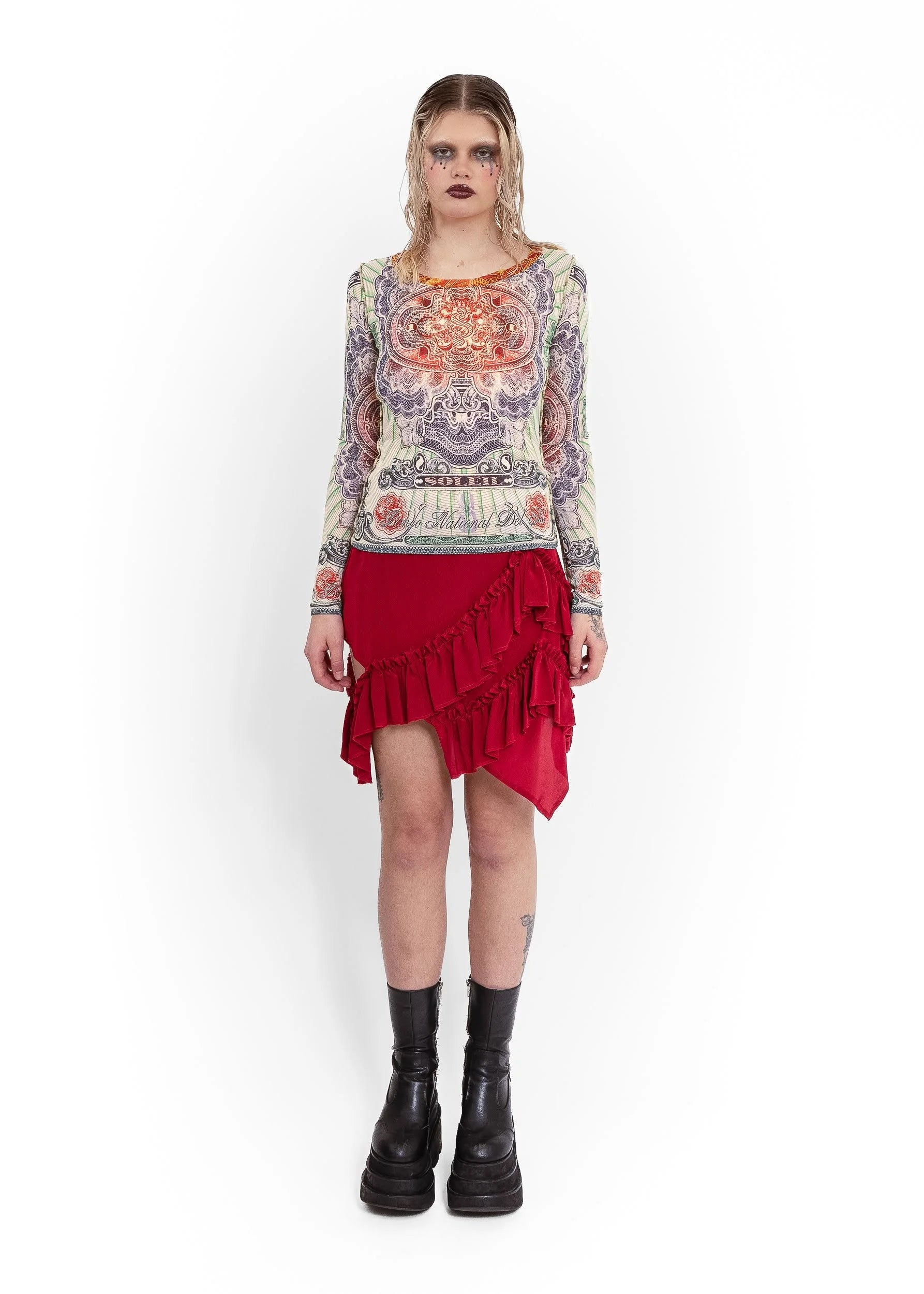Jean Paul Gaultier Soleil S/S 1994 bank note print mesh top