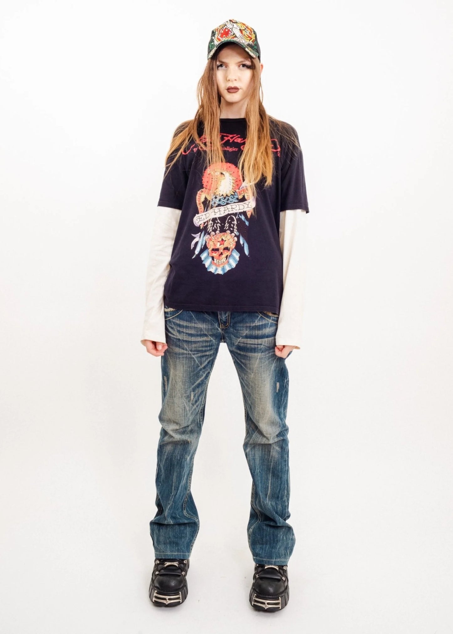 Ed Hardy by Christian Audigier Bedazzled eagle print long sleeve tee