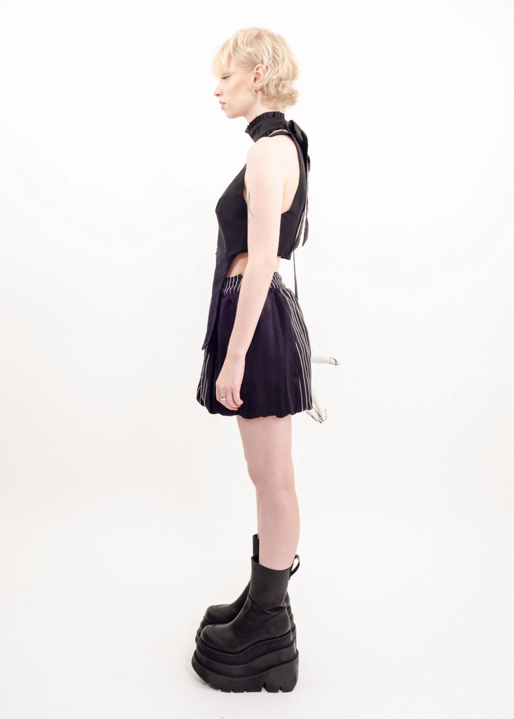 Sour Doll Bubble Skirt- black/ pinstripe panelled