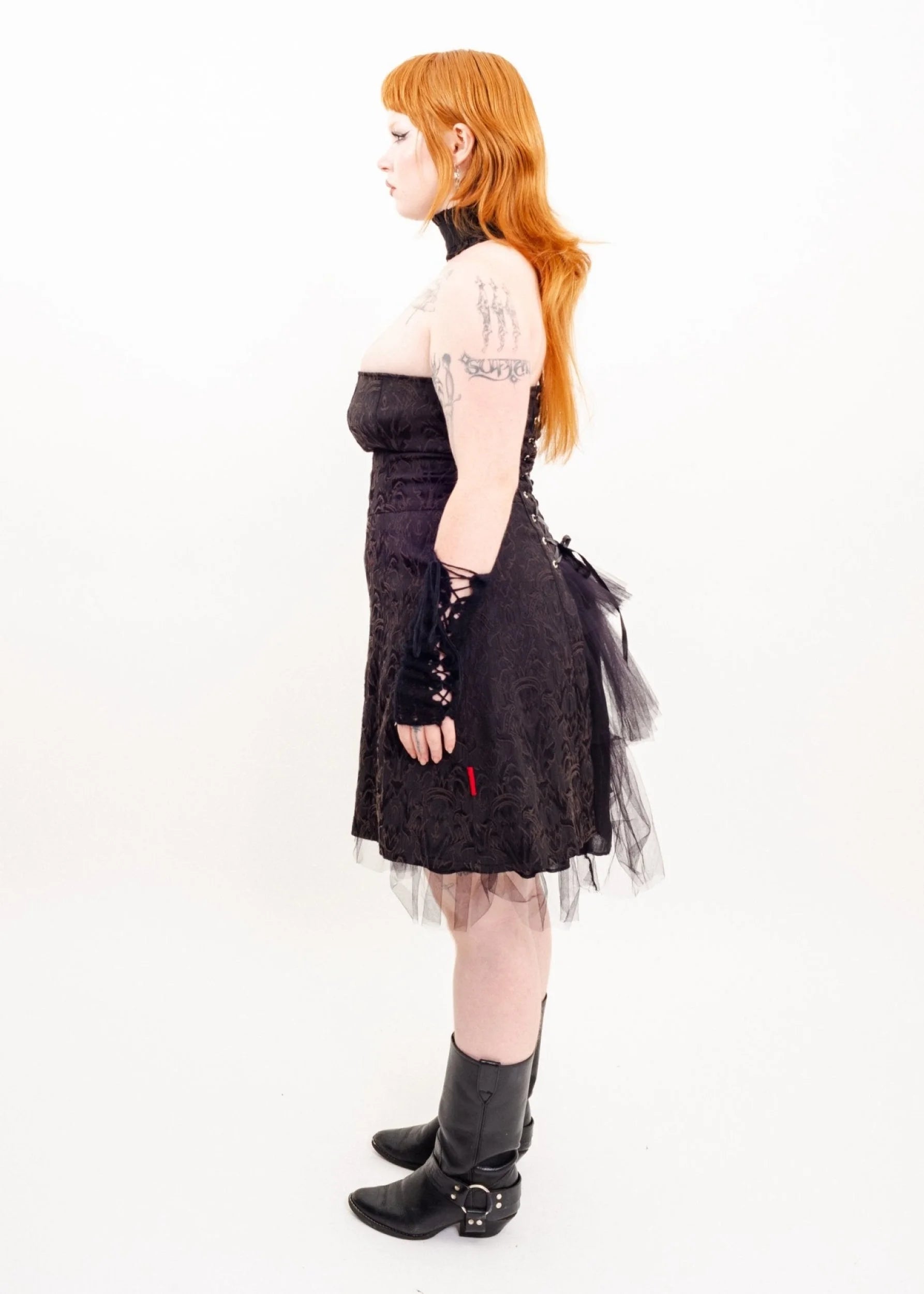 Tripp NYC Flocked goth prom dress with corset detailing