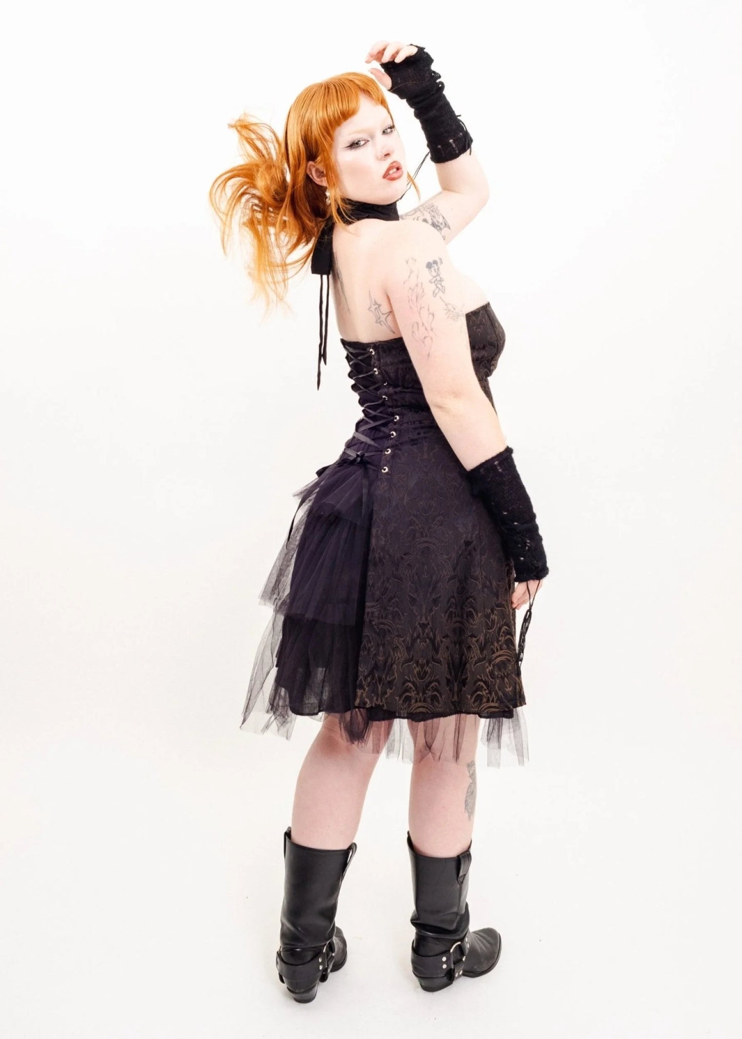 Tripp NYC Flocked goth prom dress with corset detailing
