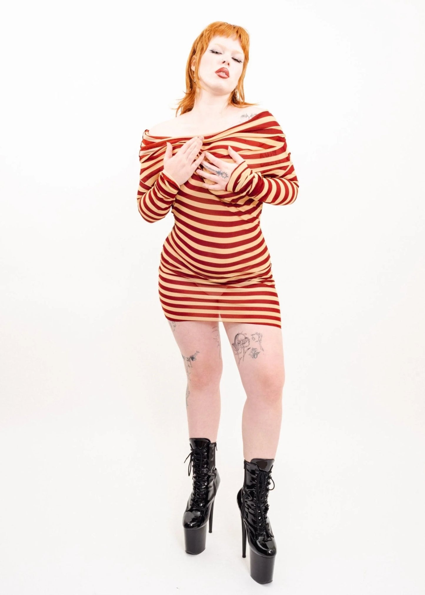Jean Paul Gaultier Maille Femme Cowl neck striped mesh dress