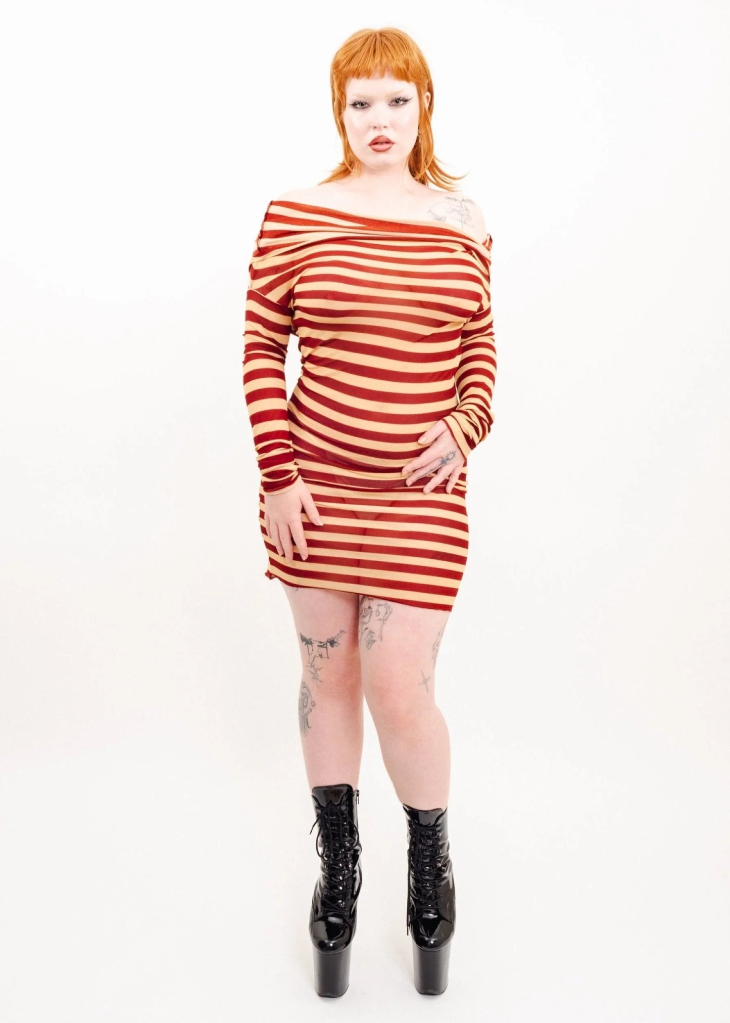Jean Paul Gaultier Maille Femme Cowl neck striped mesh dress